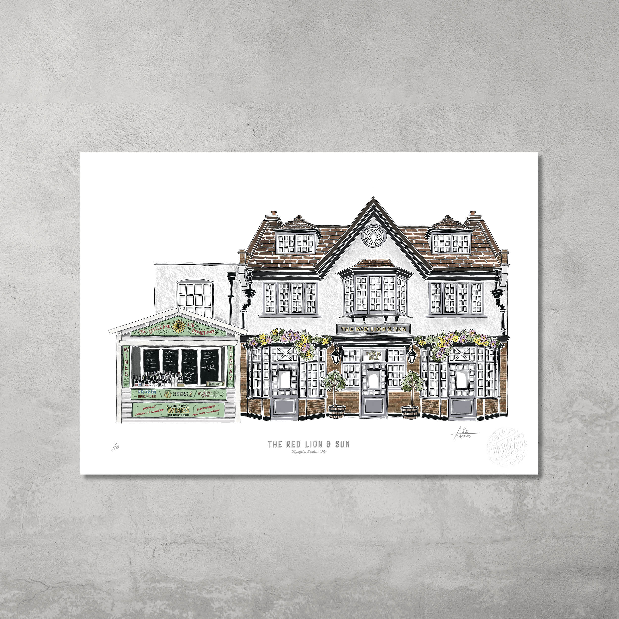 The Red Lion & Sun – Limited Edition of 50 A3 Colour Prints by 45 Original: illustration of a classic British pub with flowers, windows, and a green food stand—displayed against a plain gray wall.