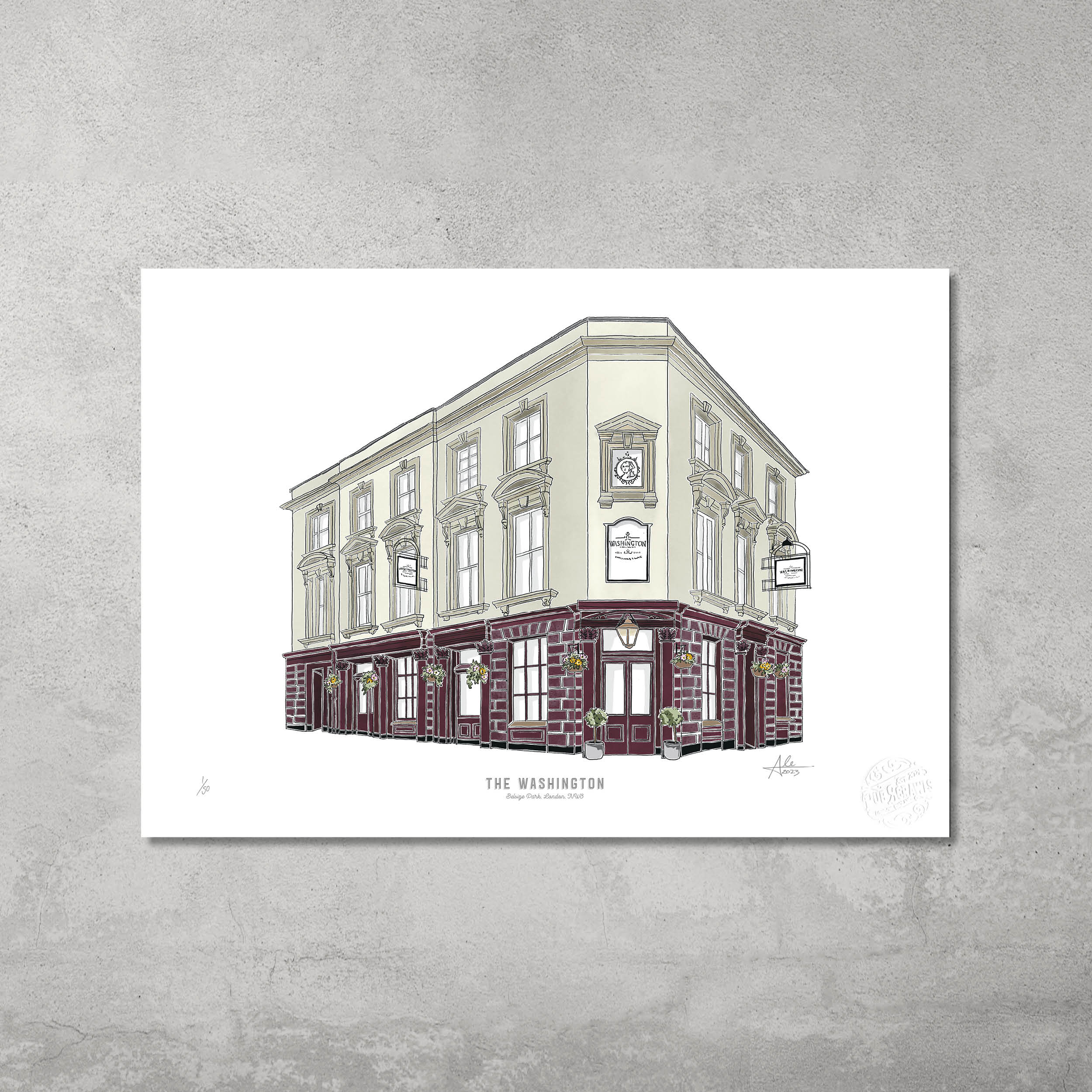 An A3 colour print of The Washington, a classic three-story corner pub, from 45 Original. Limited edition of 50, perfect for Hampstead & Highgate Pub Crawl fans seeking unique artwork. Mounted on a light gray wall.