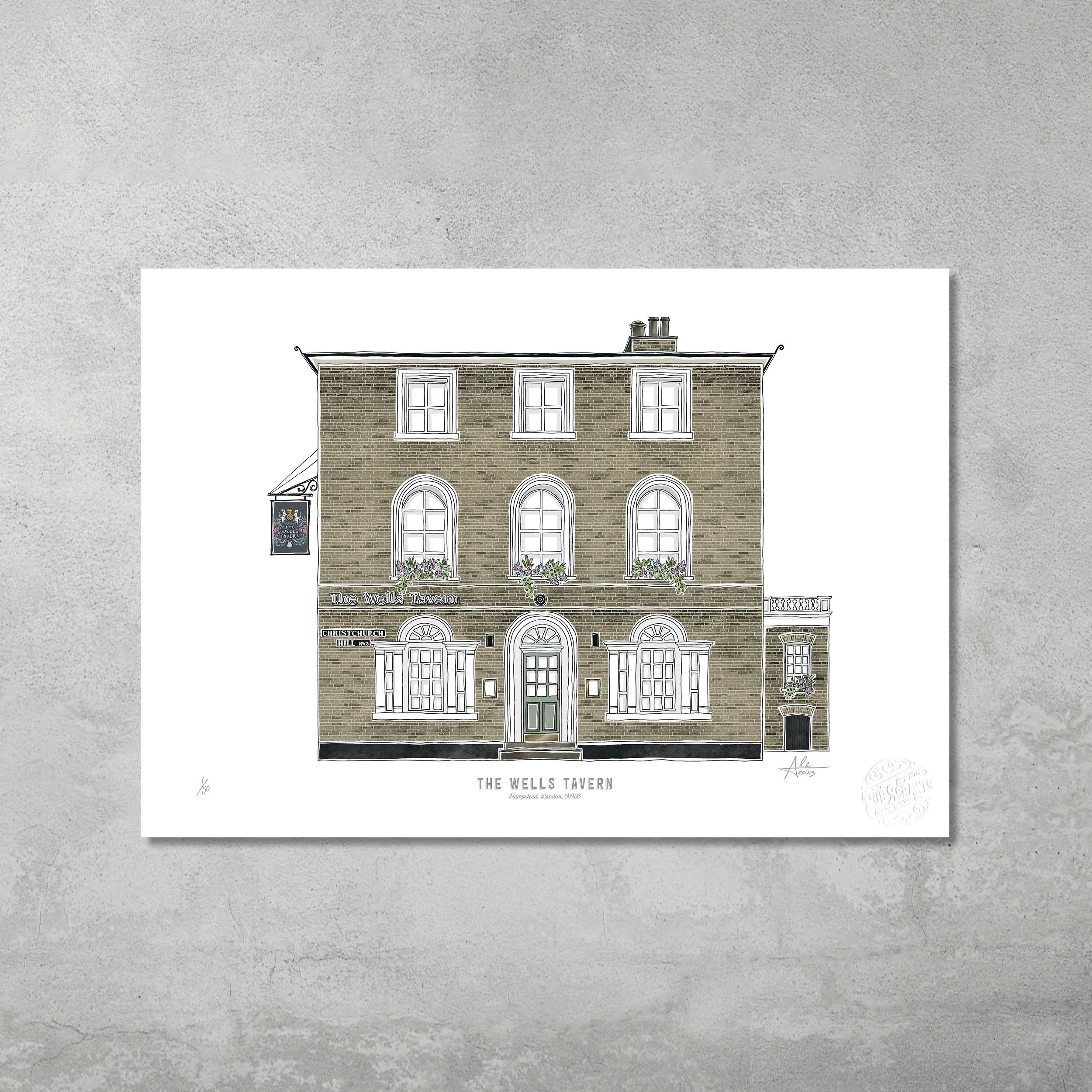 A3 colour print by 45 Original features The Wells Tavern, a three-story brick pub with arched windows, flower boxes, and a hanging sign. Limited edition of 50 celebrates the charm of the Hampstead & Highgate Pub Crawl.