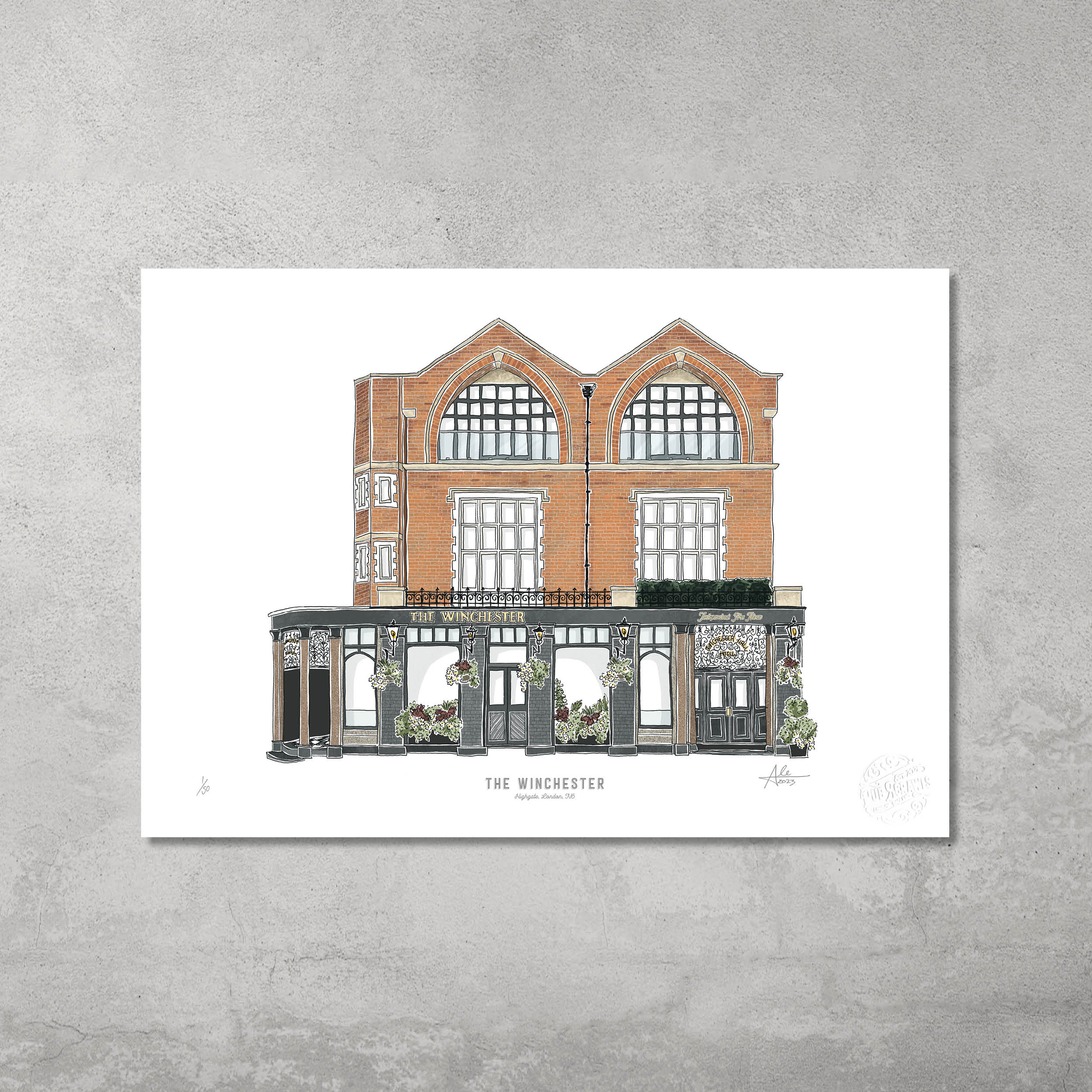 The Winchester – Limited Edition of 50 A3 Colour Prints by 45 Original features a giclée illustration of the red-brick pub with arched windows, perfect for Hampstead & Highgate Pub Crawl fans and ideal wall art for any space.