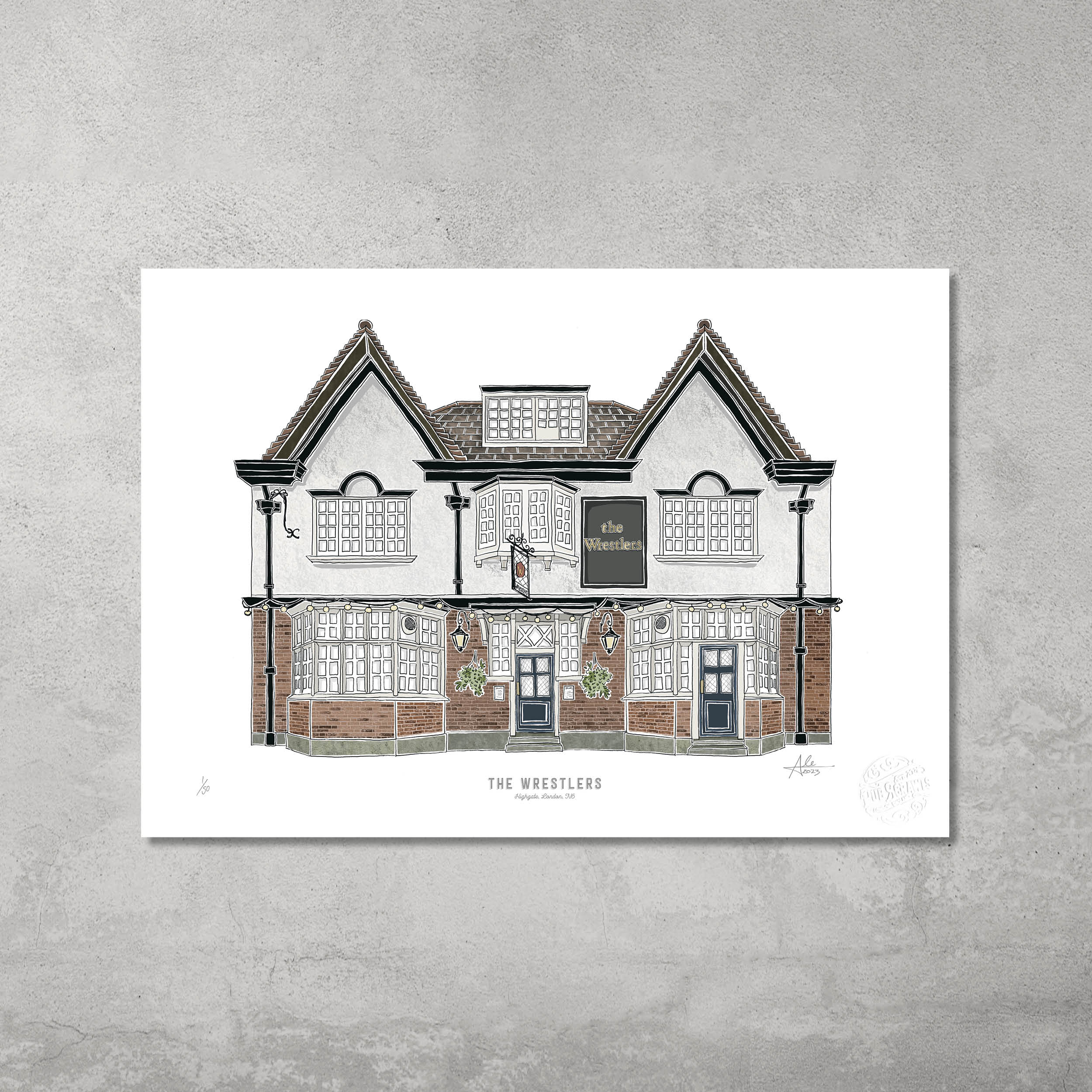 The Wrestlers – Limited Edition of 50 – A3 Colour Prints by 45 Original features a detailed illustration of the classic pub from the Hampstead & Highgate Pub Crawl, with white walls, brown brick, bay windows, and hanging flower baskets.