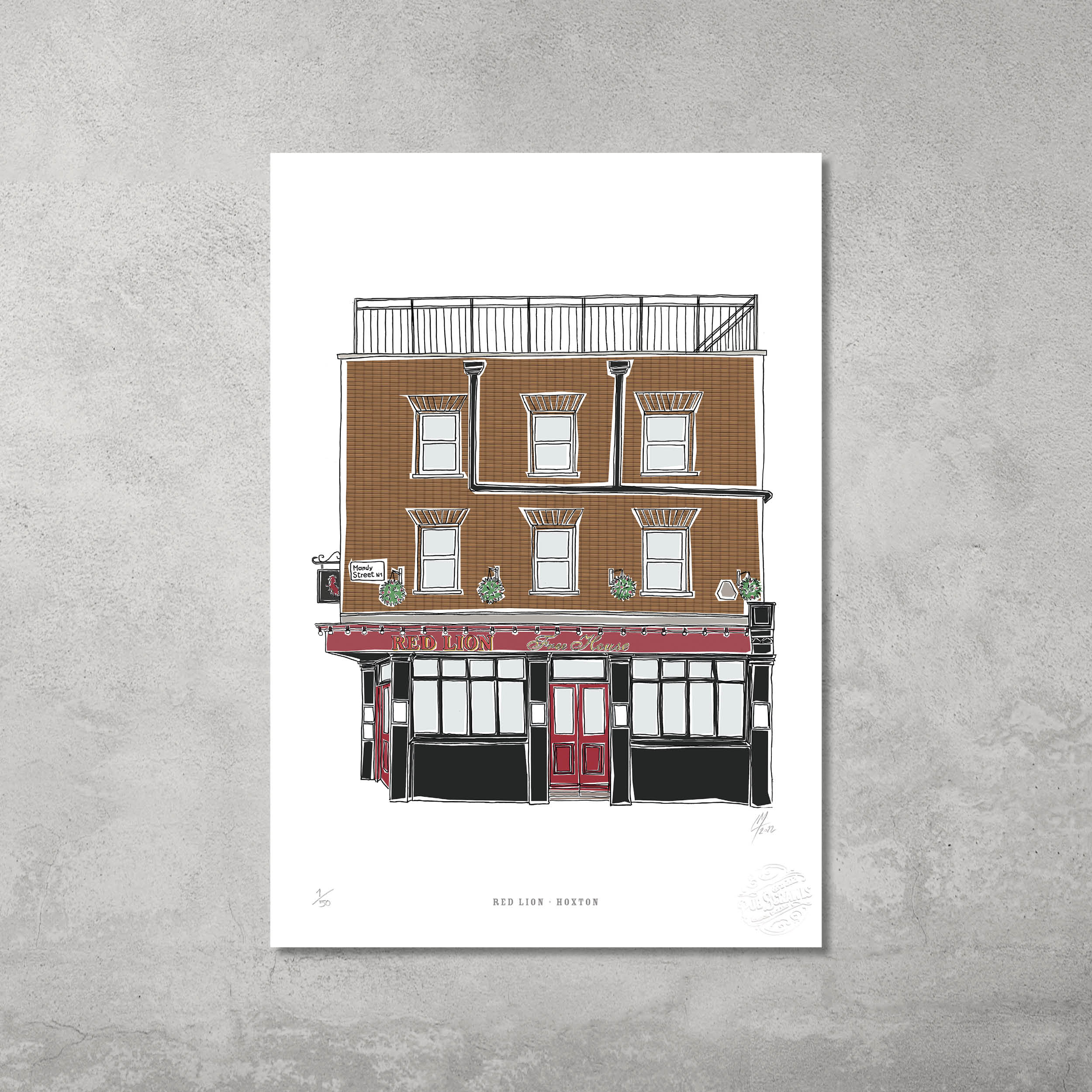 Celebrate your Hackney Pub Crawl with a 45 Original A3 colour print of the Red Lion Hoxton—a three-story brown brick pub with a red door and black trim. Limited edition of 50, illustrated and centered on white.