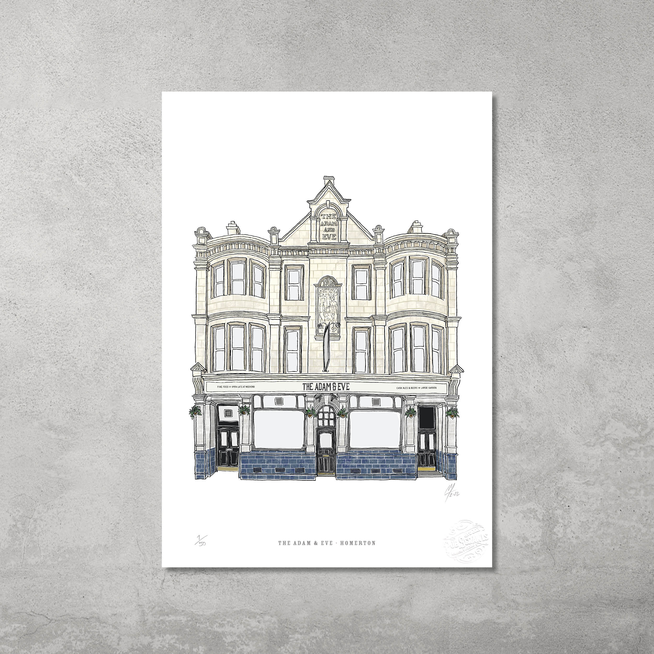 Discover The Adam & Eve – Limited Edition of 50 A3 colour prints by 45 Original, featuring the historic pub’s ornate details—ideal for collectors and fans of classic Hackney Pub Crawl landmarks.