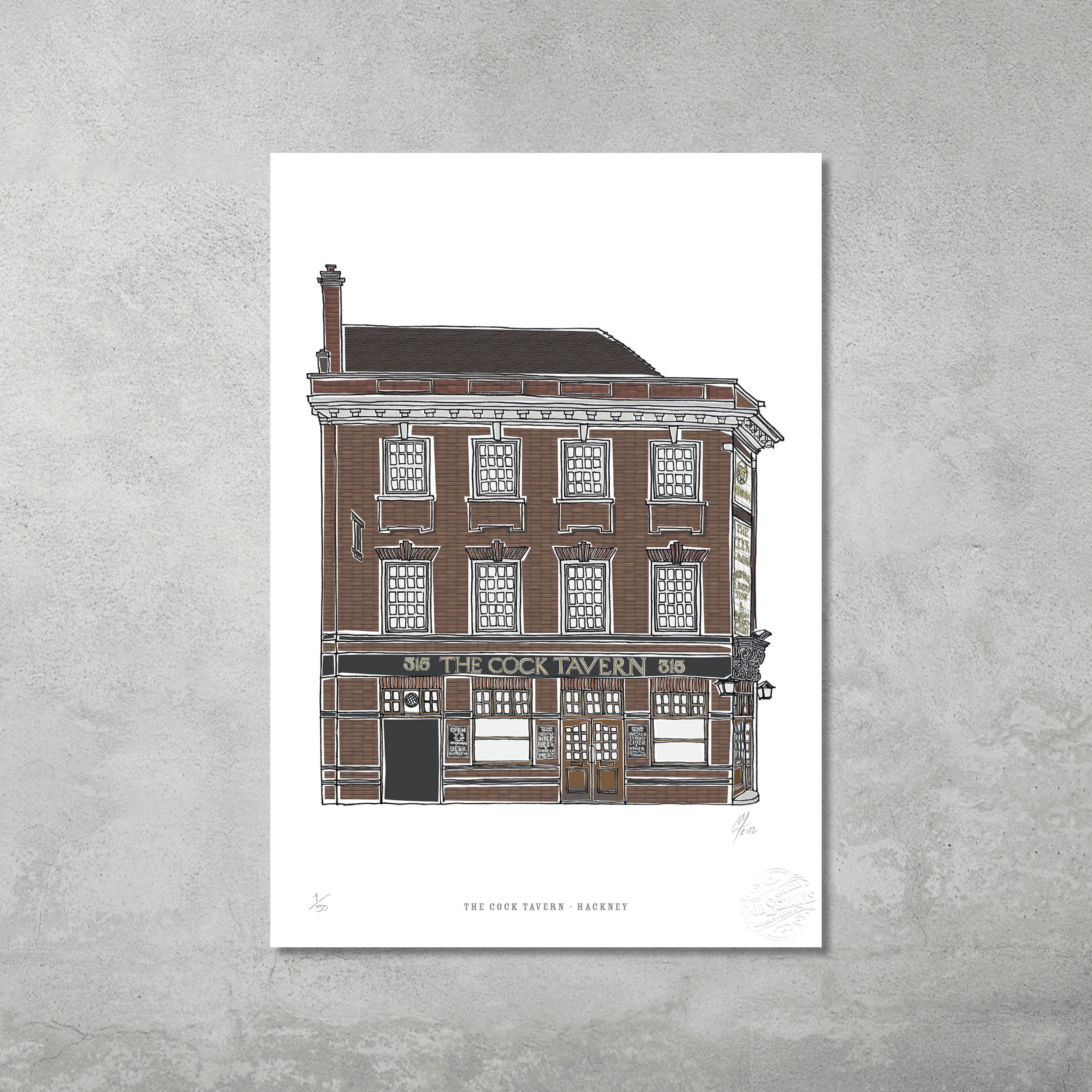 The Cock Tavern – Limited Edition of 50 A3 Colour Prints by 45 Original: features a classic three-story brick pub with large windows, black and gold sign, chimney, on a textured gray background—ideal for Hackney Pub Crawl fans.
