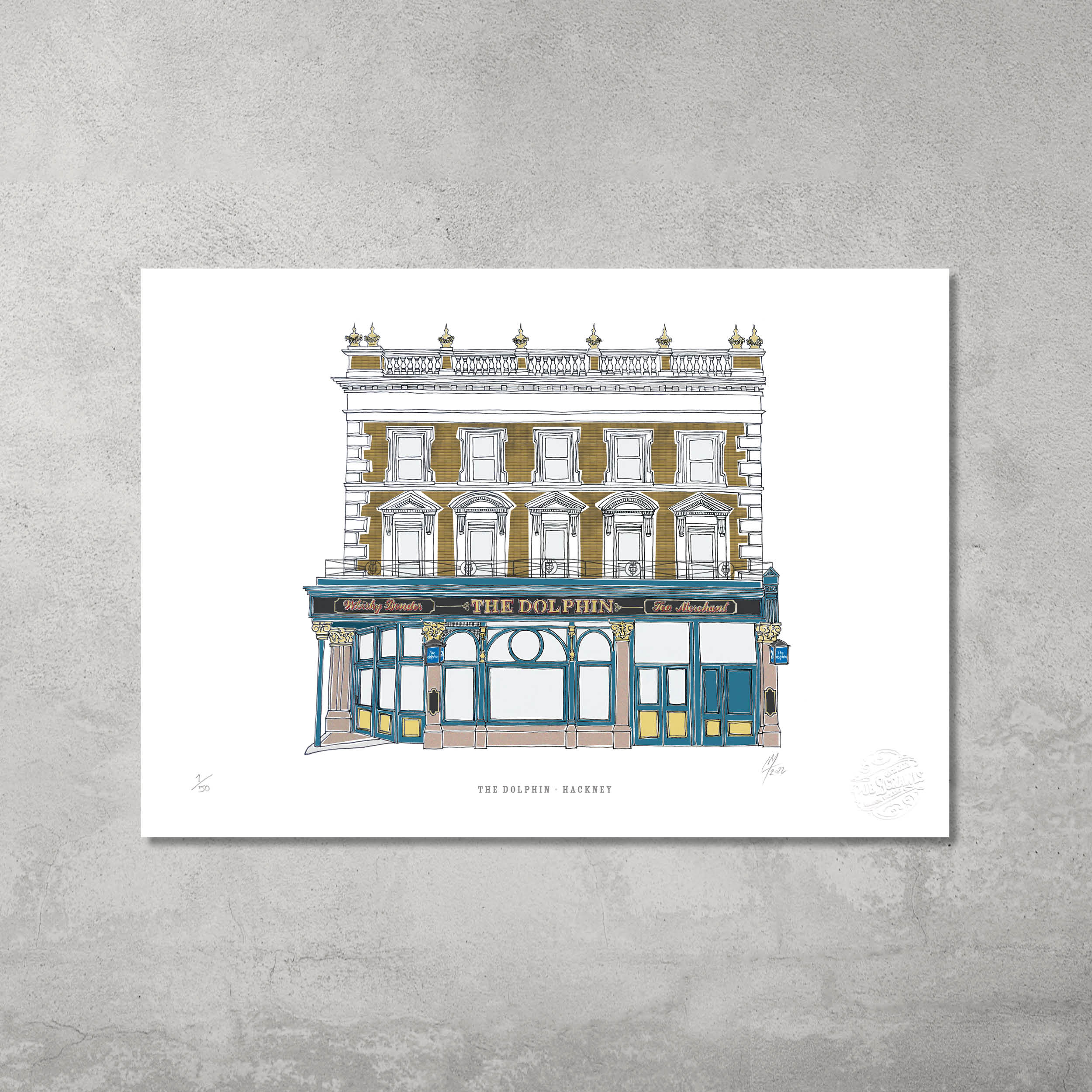 Illustration of The Dolphin, a classic British pub, from the Hackney Pub Crawl series by 45 Original. Limited edition of 50 A3 colour giclée prints available.