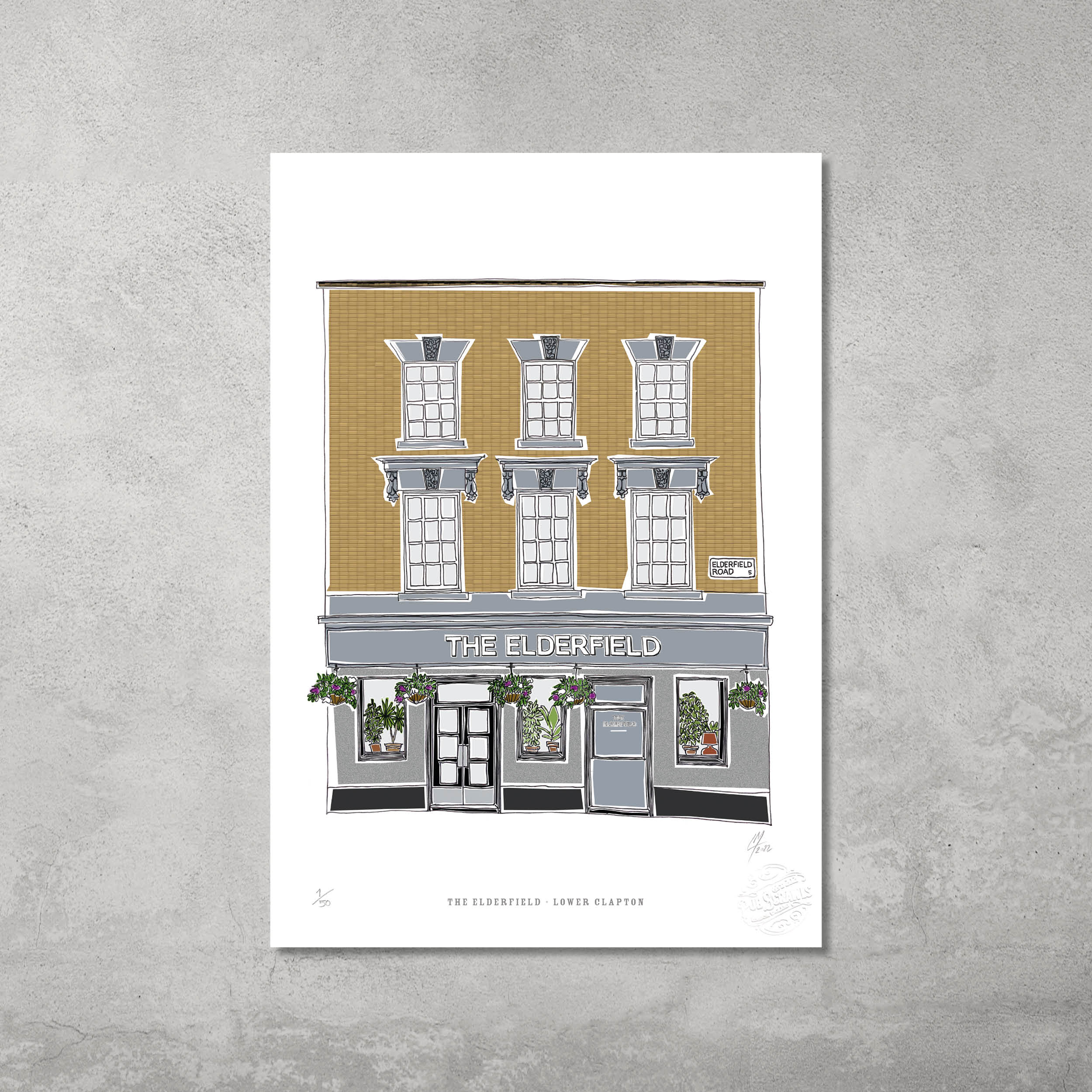 The Elderfield – Limited Edition of 50 – A3 Colour Prints by 45 Original: an illustrated giclée art print depicting the pub’s yellow-brick facade and classic features—ideal for Hackney Pub Crawl enthusiasts.