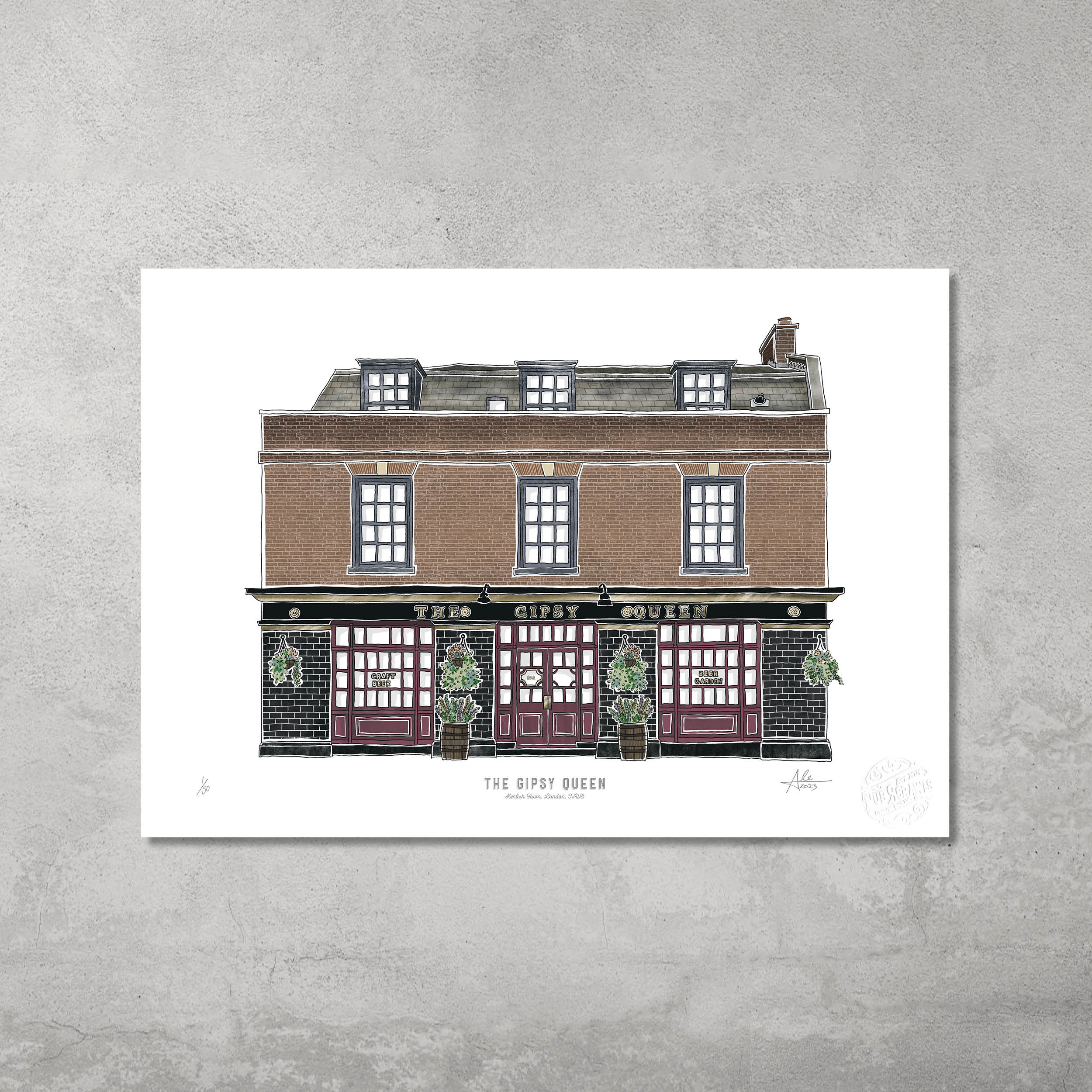 The Gipsy Queen – Limited Edition of 50 A3 Colour Prints by 45 Original features a classic British pub with brick facade, potted plants, and vibrant accents—an ideal keepsake for Hampstead & Highgate pub crawl fans.