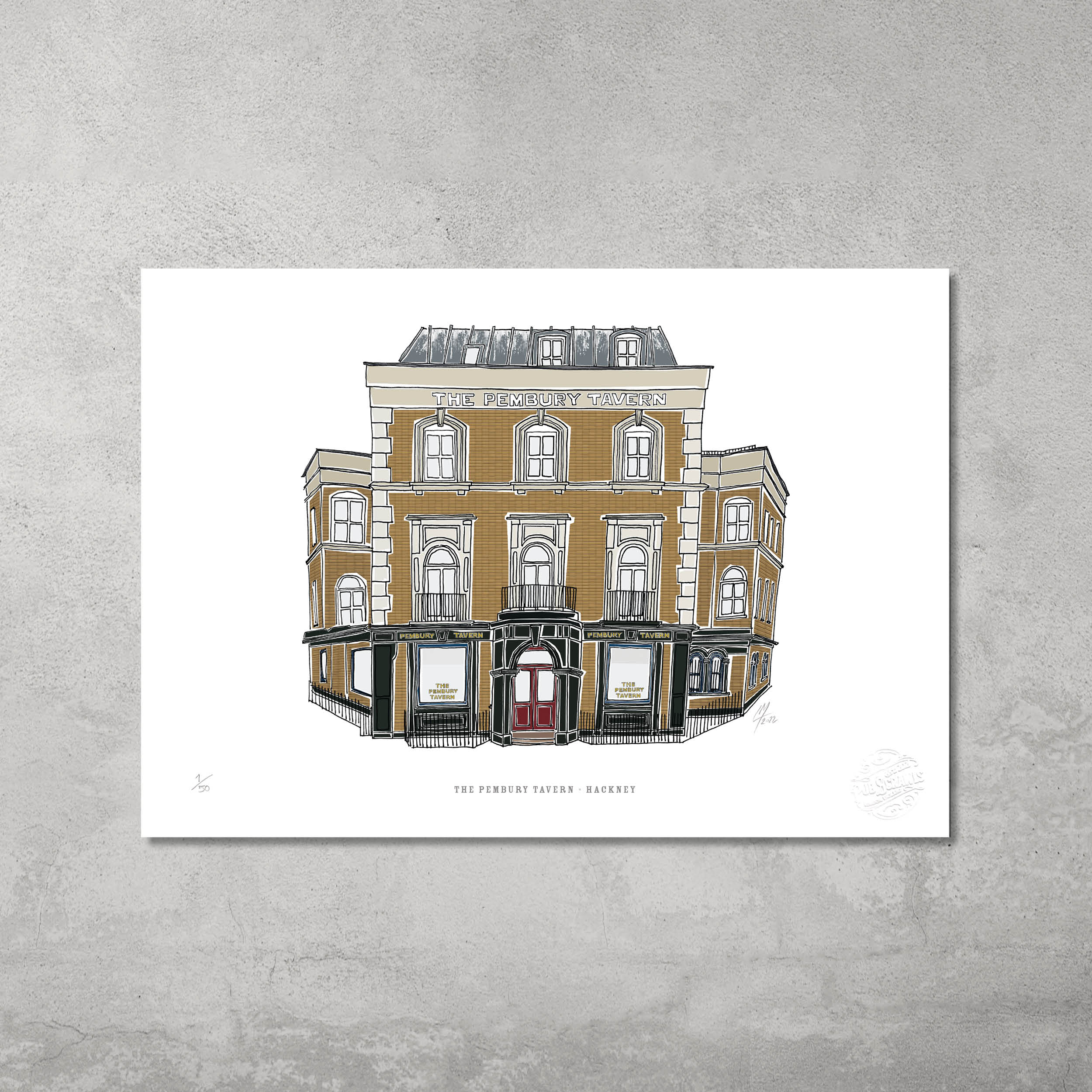 The Pembury Tavern – Limited Edition of 50 A3 Colour Prints by 45 Original features a vibrant three-story yellow-brick pub. Perfect for Hackney Pub Crawl fans and collectors of unique London art.