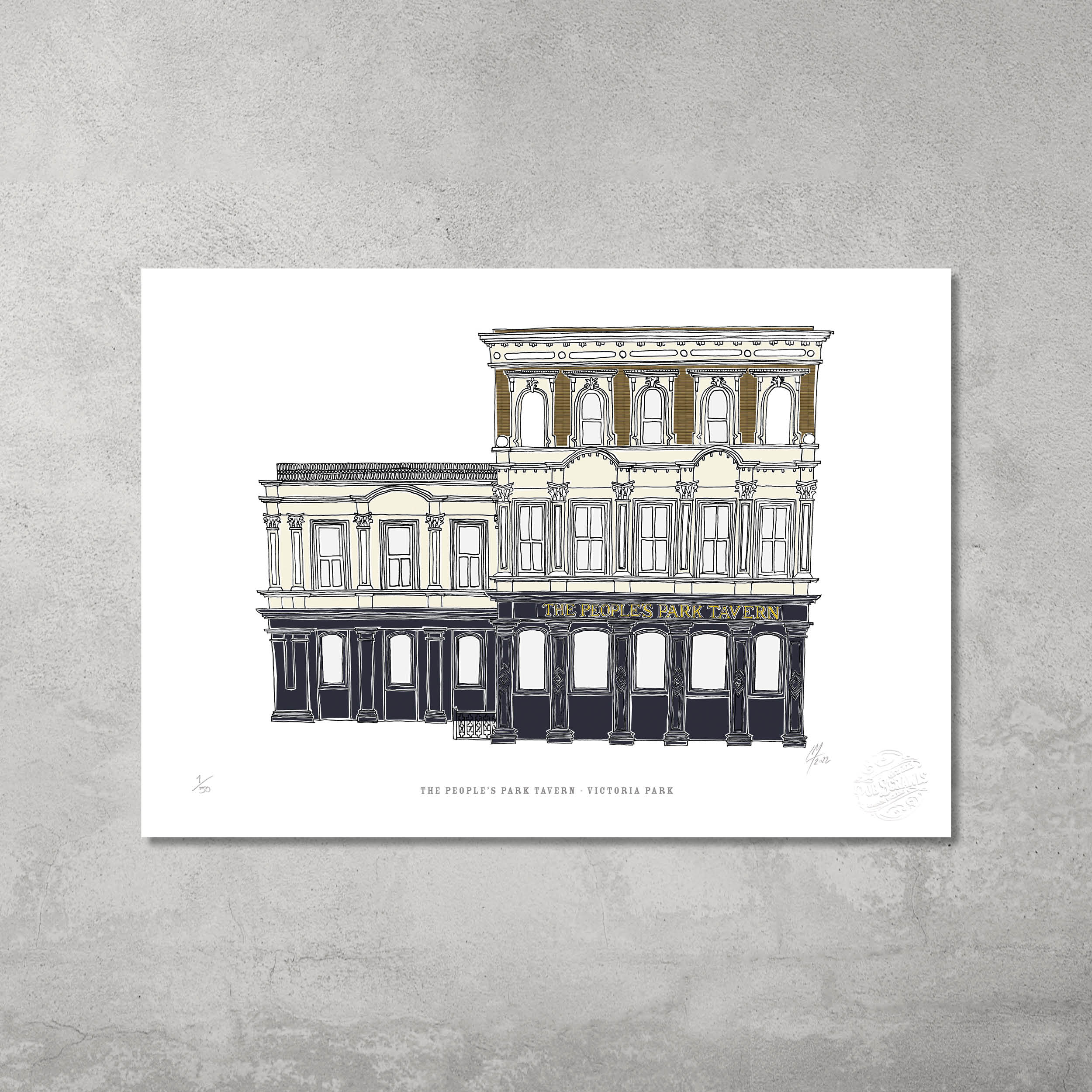 The People’s Park Tavern – Limited Edition of 50 – A3 Colour Prints by 45 Original: a detailed pub illustration with ornate windows and sign, set against a light background—ideal for any Hackney Pub Crawl enthusiast.