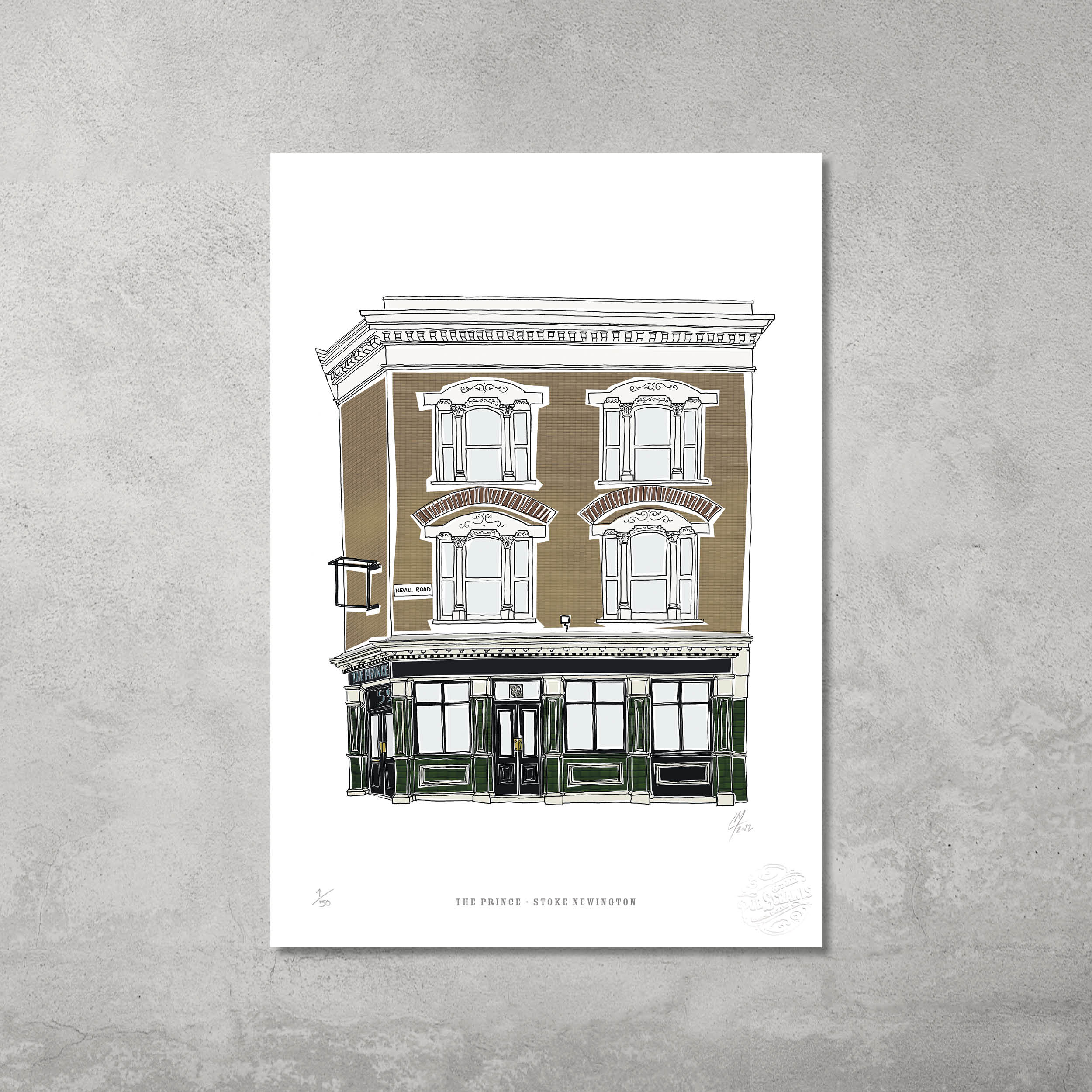 The Prince – Limited Edition of 50 A3 colour prints by 45 Original: a minimalist art print of a three-story brown and green building with ornate window trim, inspired by the spirit of a Hackney Pub Crawl.
