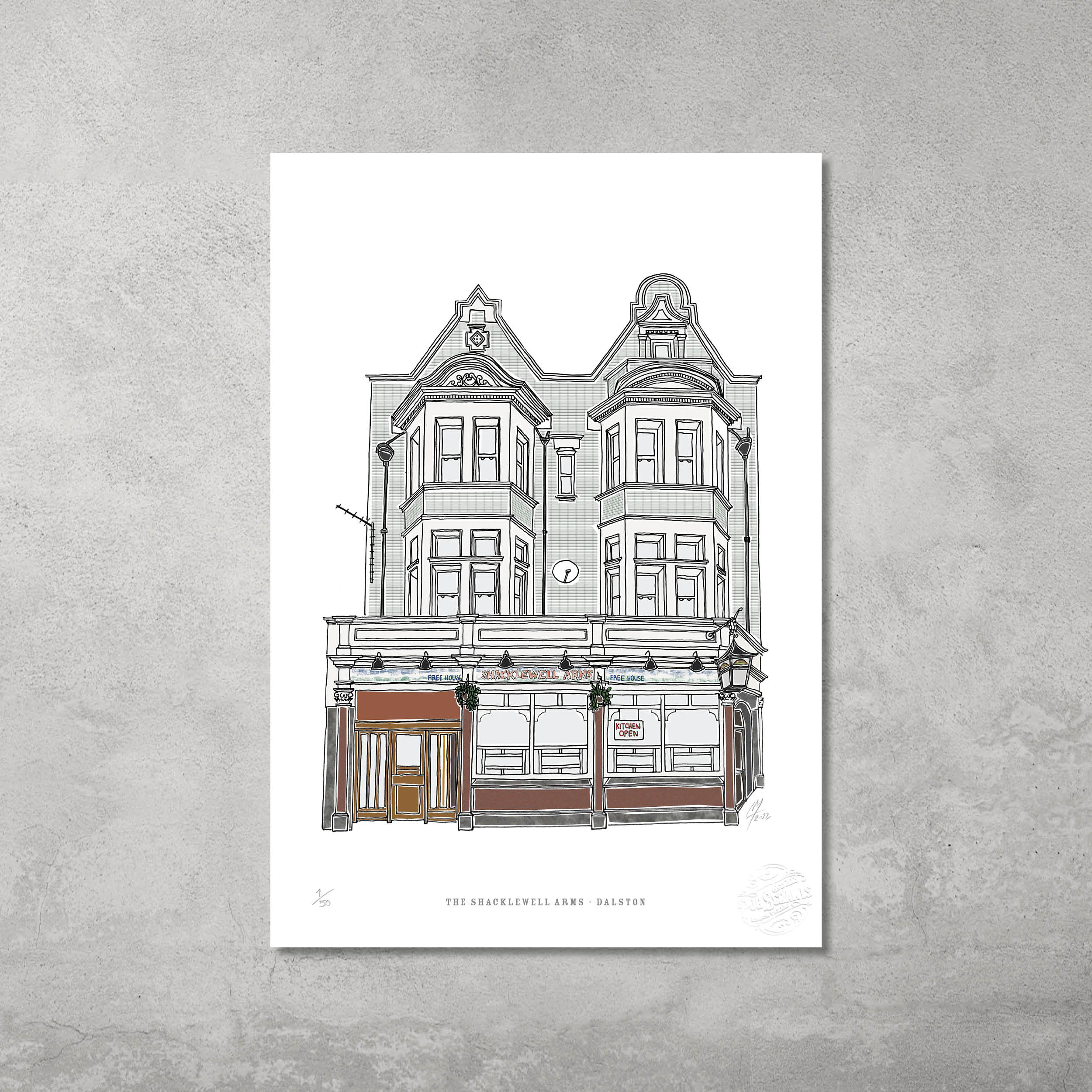The Shacklewell Arms – Limited Edition of 50 A3 colour prints by 45 Original: a Victorian-style pub with ornate details and hanging plants, inspired by the Hackney Pub Crawl, set against a white background on a grey textured wall.