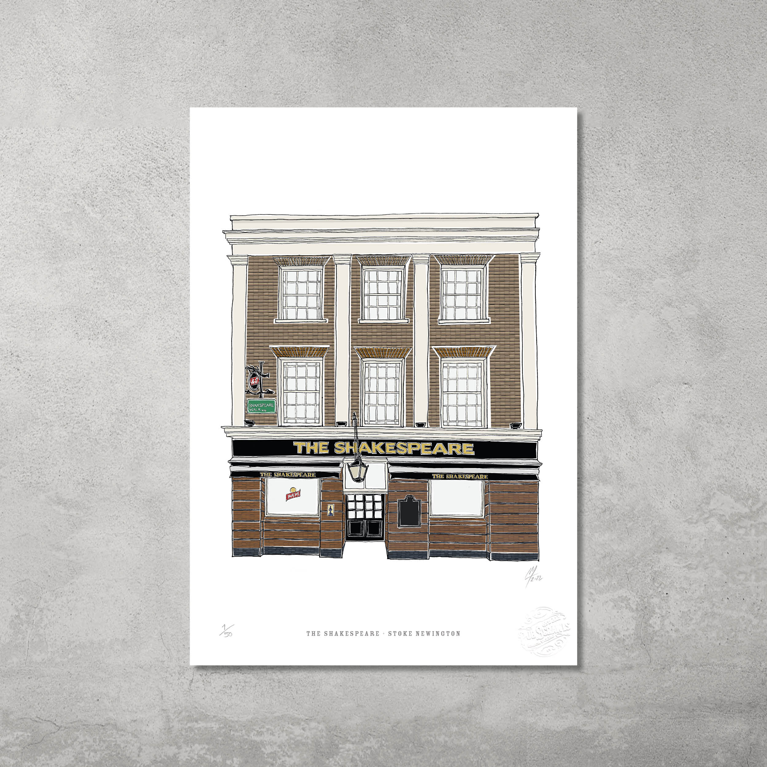 The Shakespeare – Limited Edition of 50 A3 Colour Prints by 45 Original features a detailed illustration of the iconic pub, perfect for Hackney Pub Crawl fans and collectors of unique architectural art.