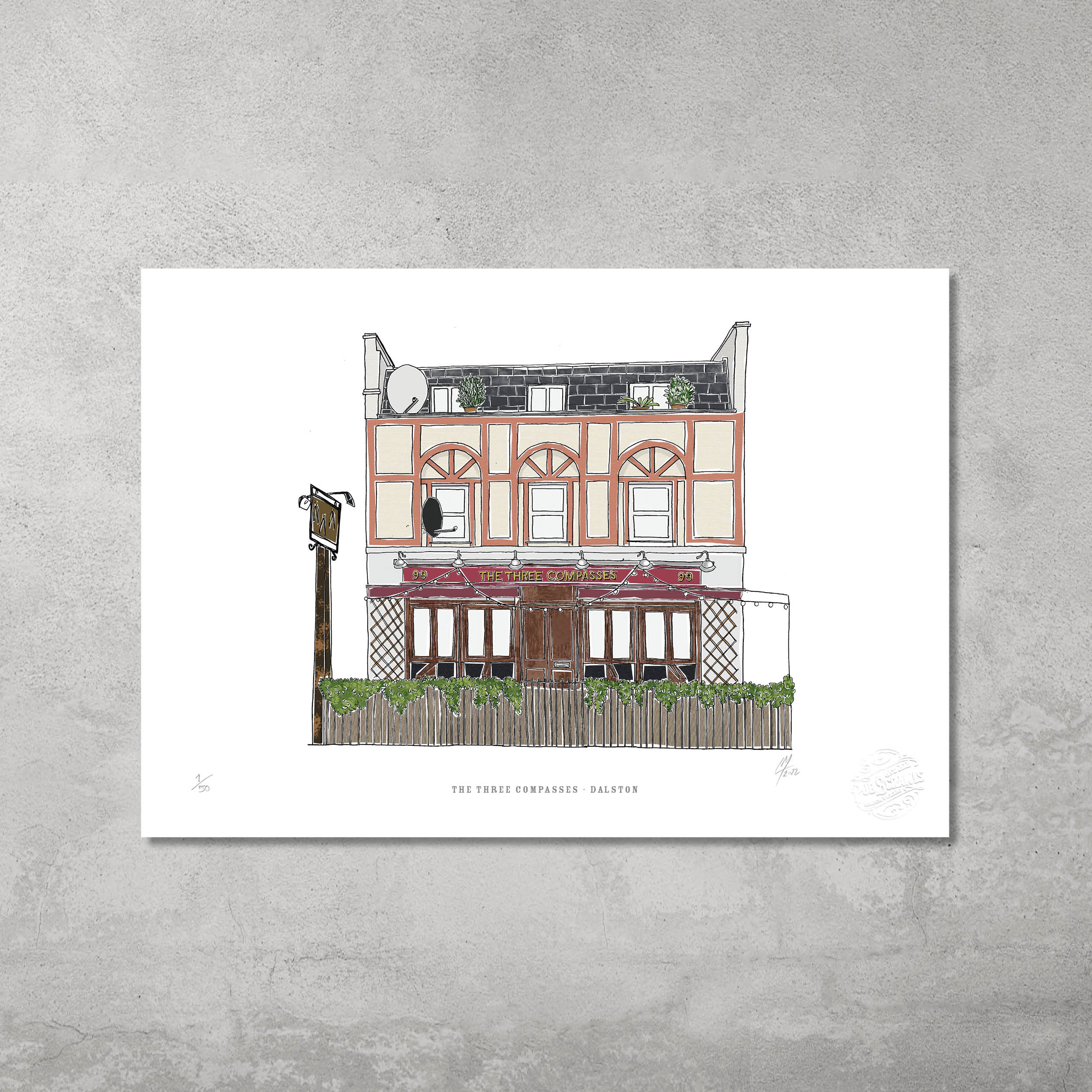 The Three Compasses – Limited Edition of 50 A3 Colour Prints by 45 Original features this iconic Dalston pub with a red and cream facade, perfect for Hackney Pub Crawl fans. Giclée fine art print on textured gray background.