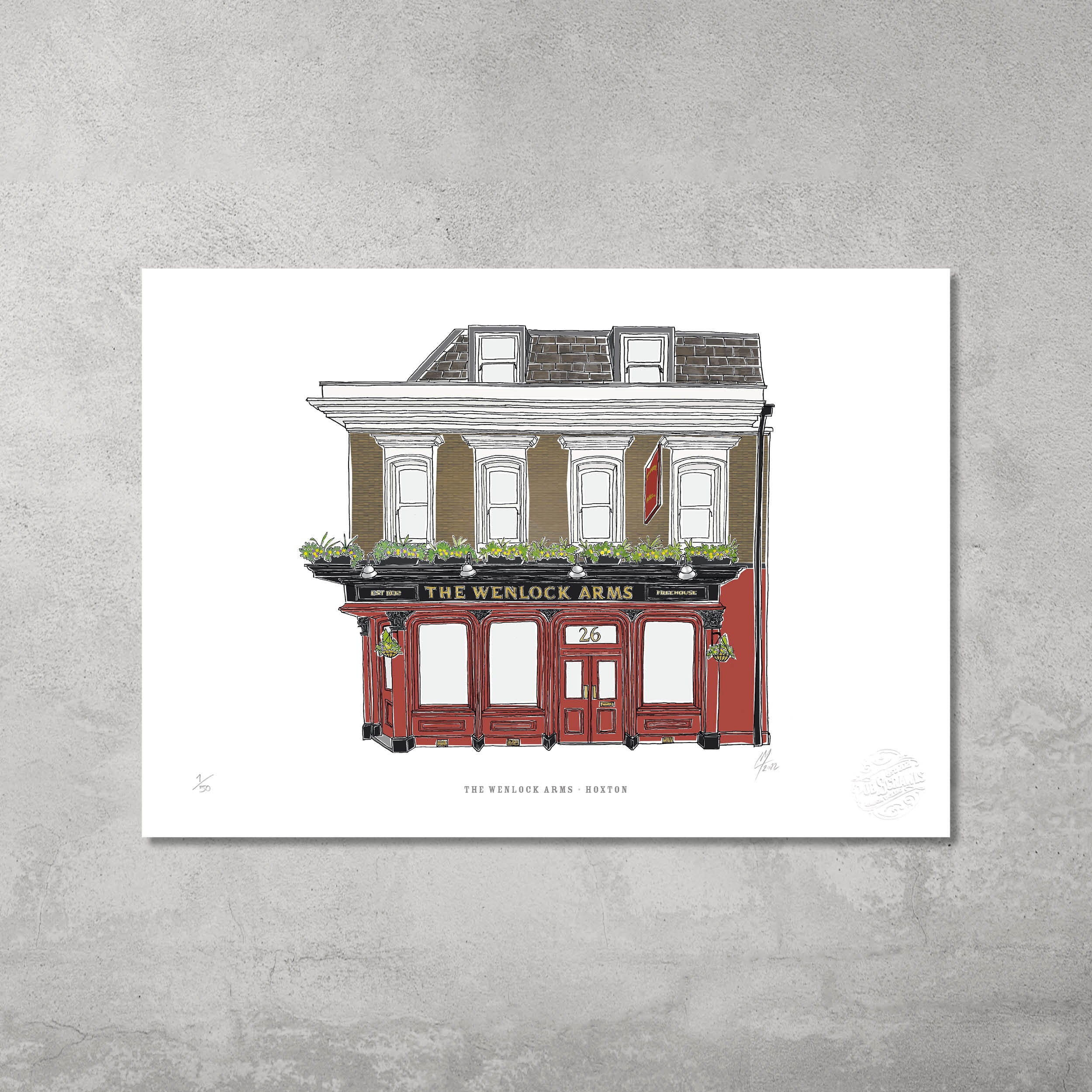 The Wenlock Arms – Limited Edition of 50 A3 Colour Prints by 45 Original: a traditional two-story pub with red facade, white upper windows, and green plants on concrete—ideal for art lovers or Hackney Pub Crawl fans.