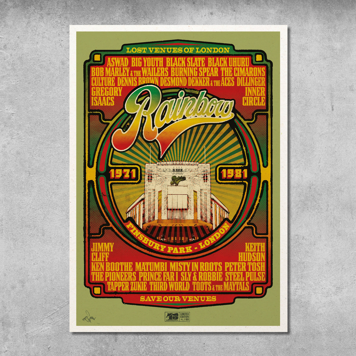 The Rainbow Reggae Poster Print by My Store is a limited edition of only 100, featuring vintage style, retro fonts, the Rainbow Theatre (Finsbury Park, London), and legends from the Rainbow Reggae Retrospective.