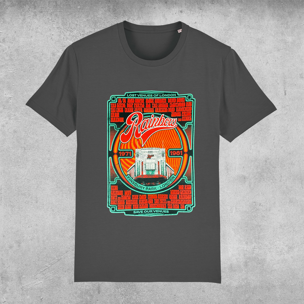 The Rainbow Rock T-Shirt - Limited Edition of Only 100 by My Store is dark gray, featuring a colorful retro graphic with Rainbow, dates 1971–1981, an iconic London venue, plus band names reading Lost Venues of London and Save Our Venues.