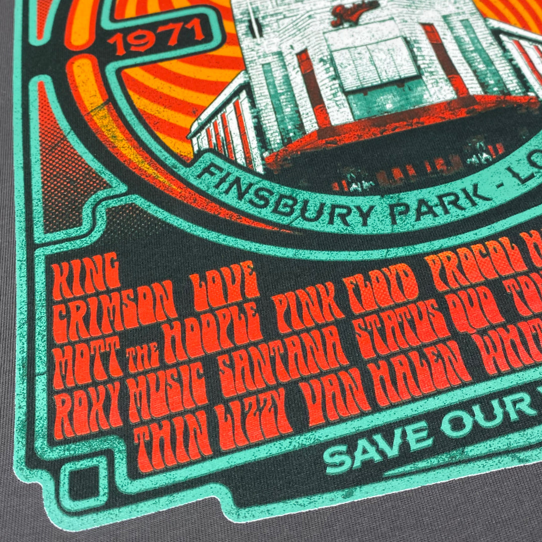 The Rainbow Rock T-Shirt - Limited Edition of Only 100 from My Store features a vibrant design with rock bands like King Crimson, Pink Floyd, Santana, and Thin Lizzy above an illustrated Rainbow Theatre in Finsbury Park, London.