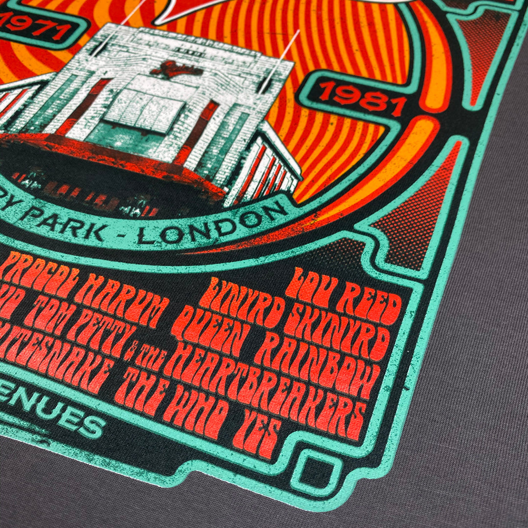 Close-up of a vibrant retro Wembley Park concert poster (1977 & 1981) with bold graphics and names like Lou Reed, Queen, Lynyrd Skynyrd, and Rainbow—now featured on My Store’s limited edition Rainbow Rock T-Shirt (only 100 made).