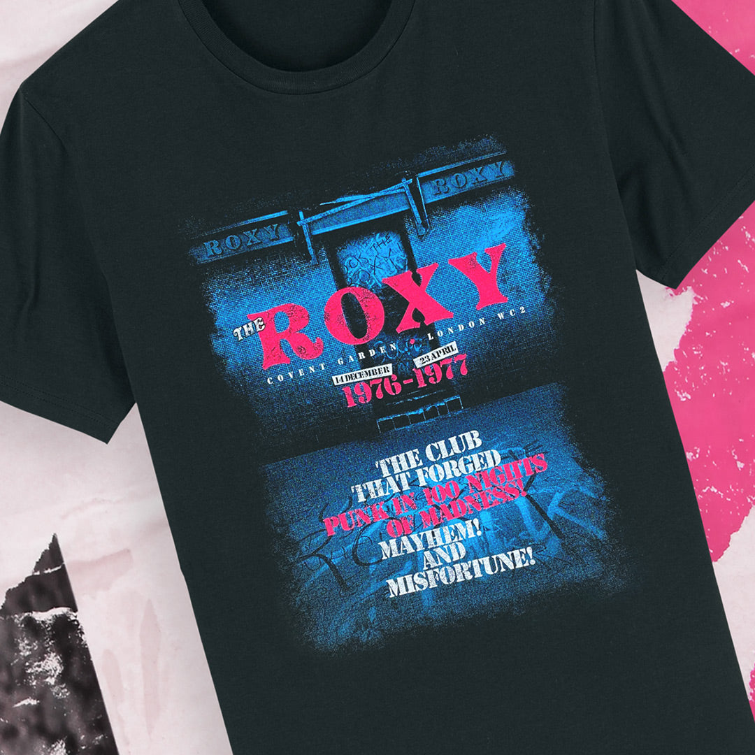 The My Store Roxy Club T-Shirt—Limited Edition of Only 100—features a distressed blue and pink Retrospective Art graphic, celebrating the iconic London venue’s punk legacy (1976-1977) and its place in music history.