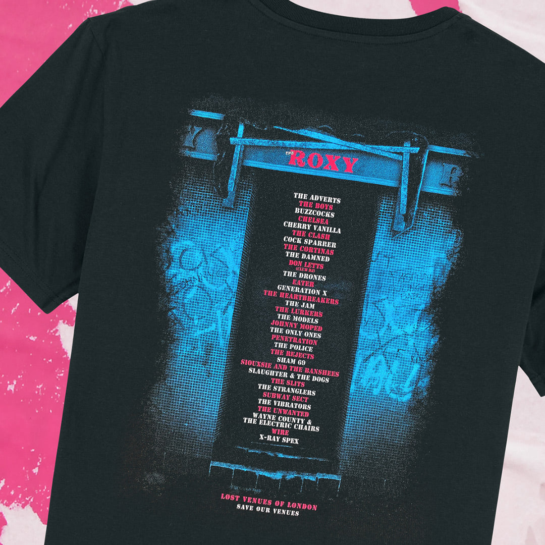 The Roxy Club T-Shirt – Limited Edition of Only 100 by My Store features a black design with blue and pink gate graphic, ROXY at the top, London music venue names in white/red, and Lost Venues of London at the bottom.