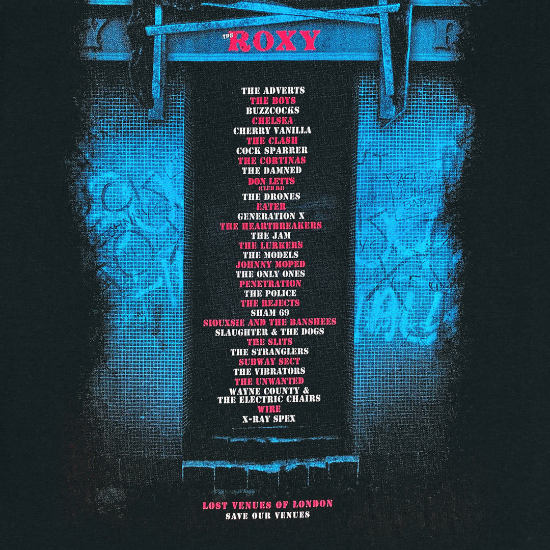 Celebrate The Roxy’s legacy with the My Store Roxy Club T-Shirt—Limited Edition of only 100. Inspired by the iconic venue’s blue and pink gig posters featuring legendary bands like The Clash and Sex Pistols. “Lost Venues of London.”.