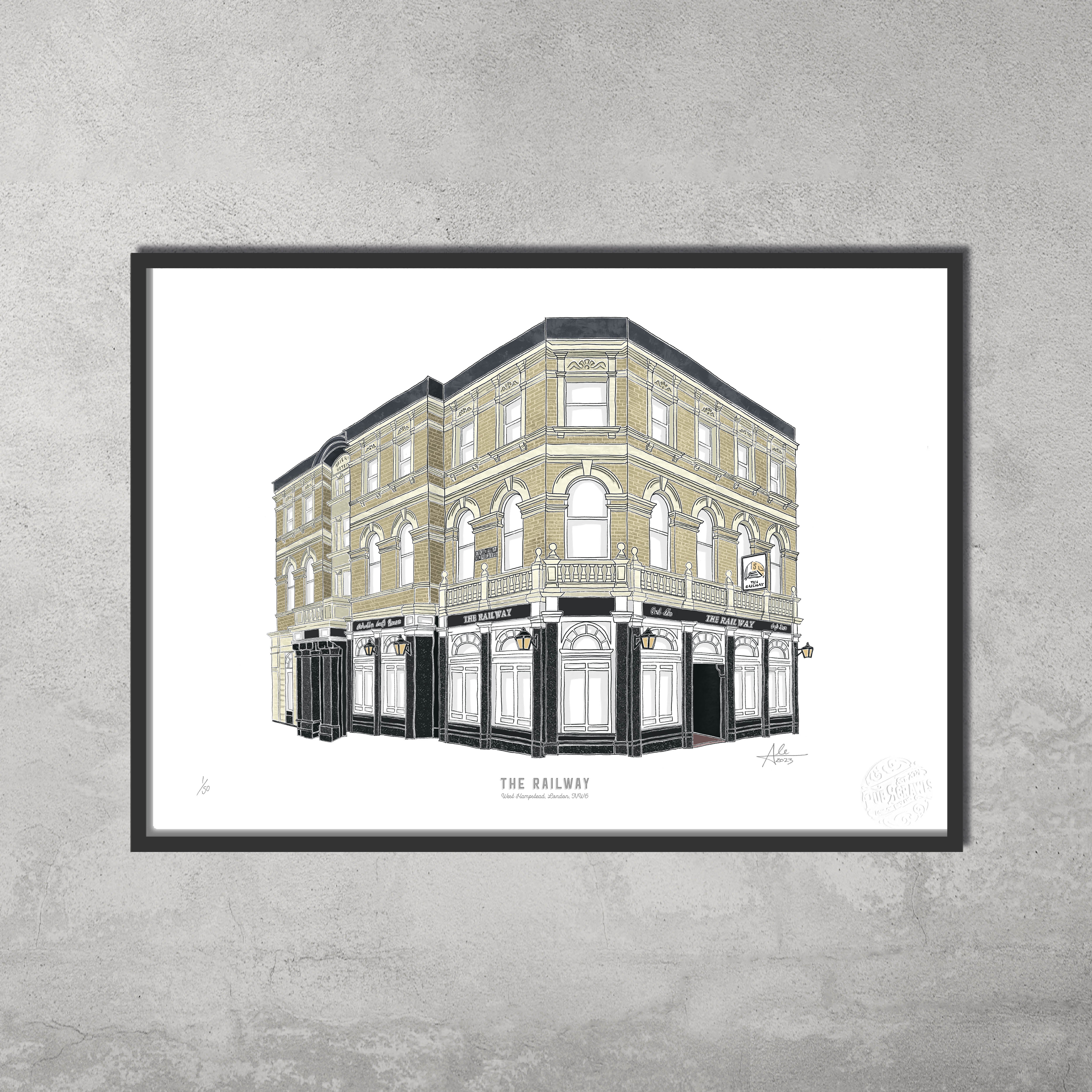 The Railway – Limited Edition of 50 A3 colour prints by 45 Original features a three-story, arched-window corner building inspired by the Hampstead & Highgate Pub Crawl, framed and displayed on a light gray textured wall.