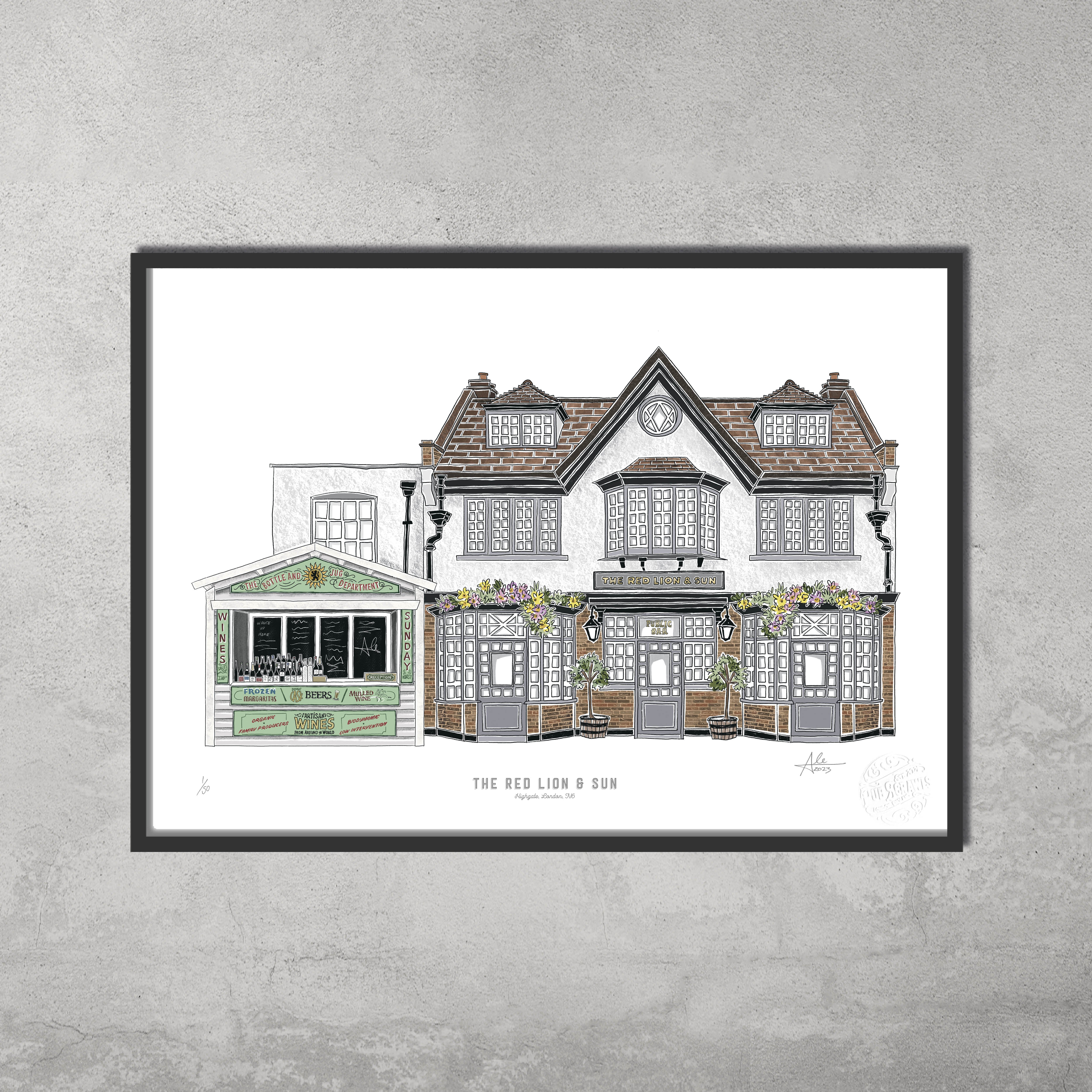 The Red Lion & Sun – Limited Edition of 50 – A3 Colour Print by 45 Original features detailed windows, vibrant flower baskets, and a green food kiosk—an ideal art print for pub fans and the Hampstead & Highgate Pub Crawl.