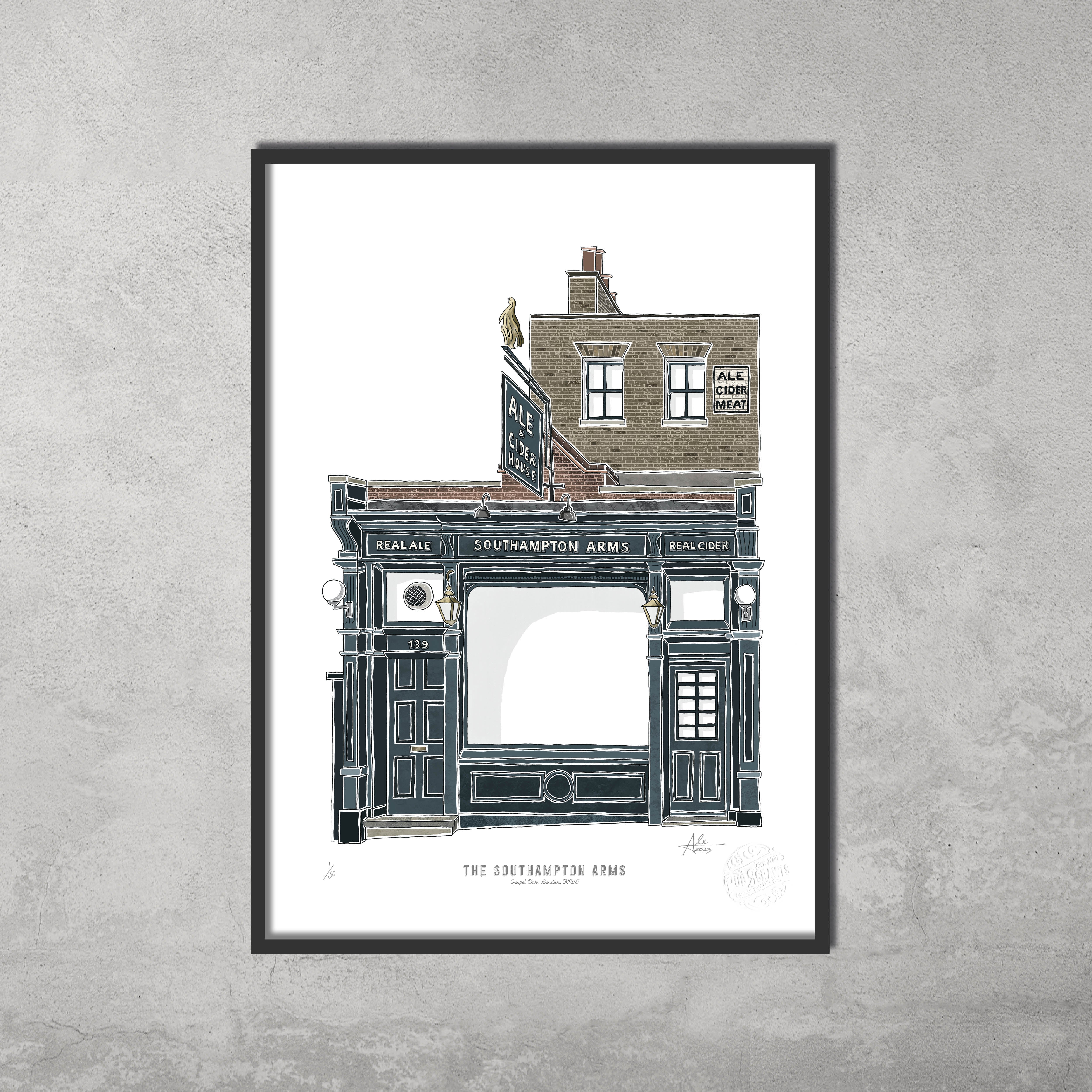 The Southampton Arms – Limited Edition of 50 A3 Colour Prints by 45 Original features the pub’s dark exterior and classic signage, perfect for fans of the Hampstead & Highgate Pub Crawl.