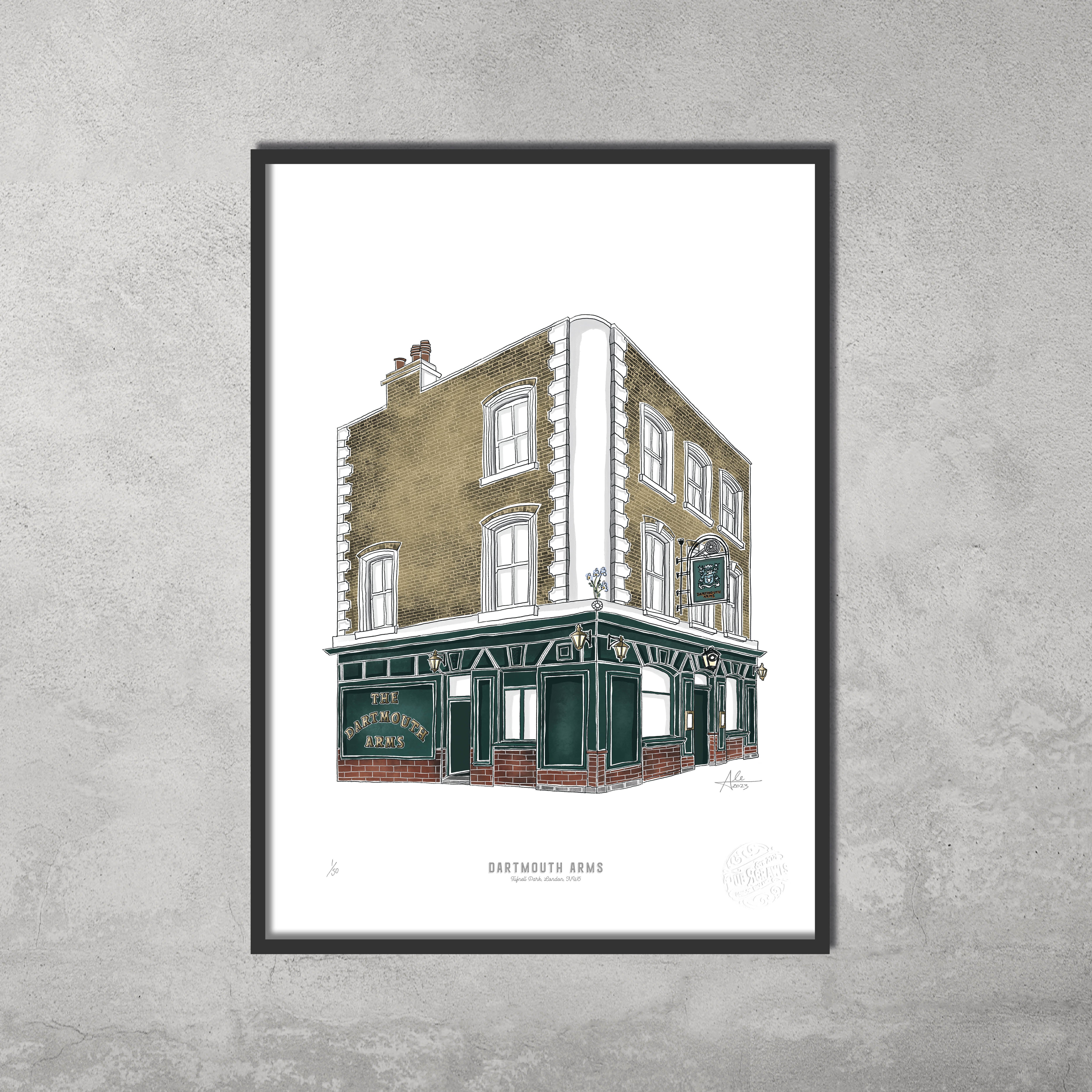 The Dartmouth Arms – Limited Edition of 50 – A3 Colour Prints by 45 Original features a three-story pub with green awnings, perfect for Hampstead & Highgate Pub Crawl fans. Giclée fine art print set against a plain gray wall background.