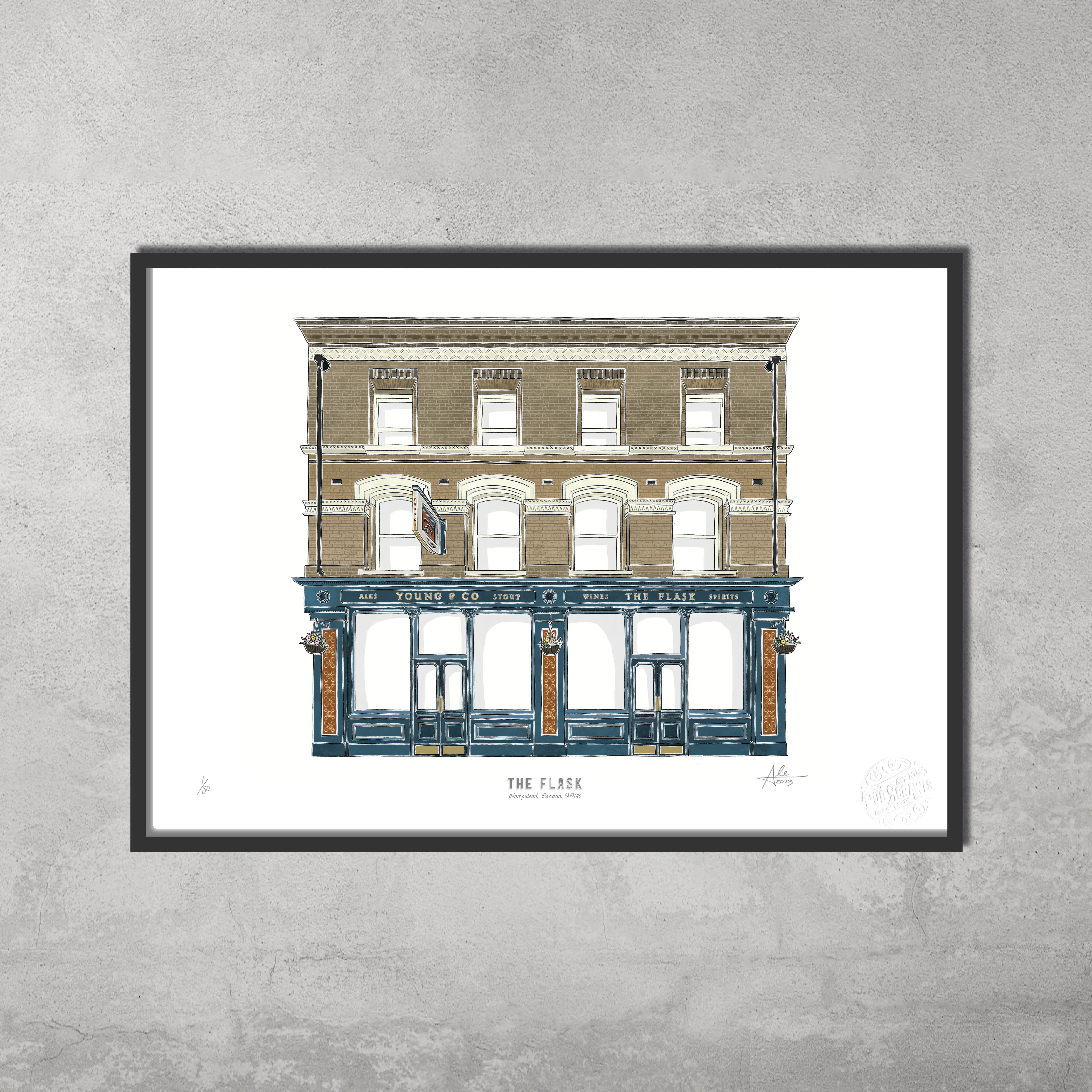 The Flask Hampstead – Limited Edition of 50 A3 colour prints by 45 Original. Features a three-story pub with blue and gold facade, four windows, and gray brick background. Inspired by Hampstead & Highgate Pub Crawl. Worldwide shipping available.