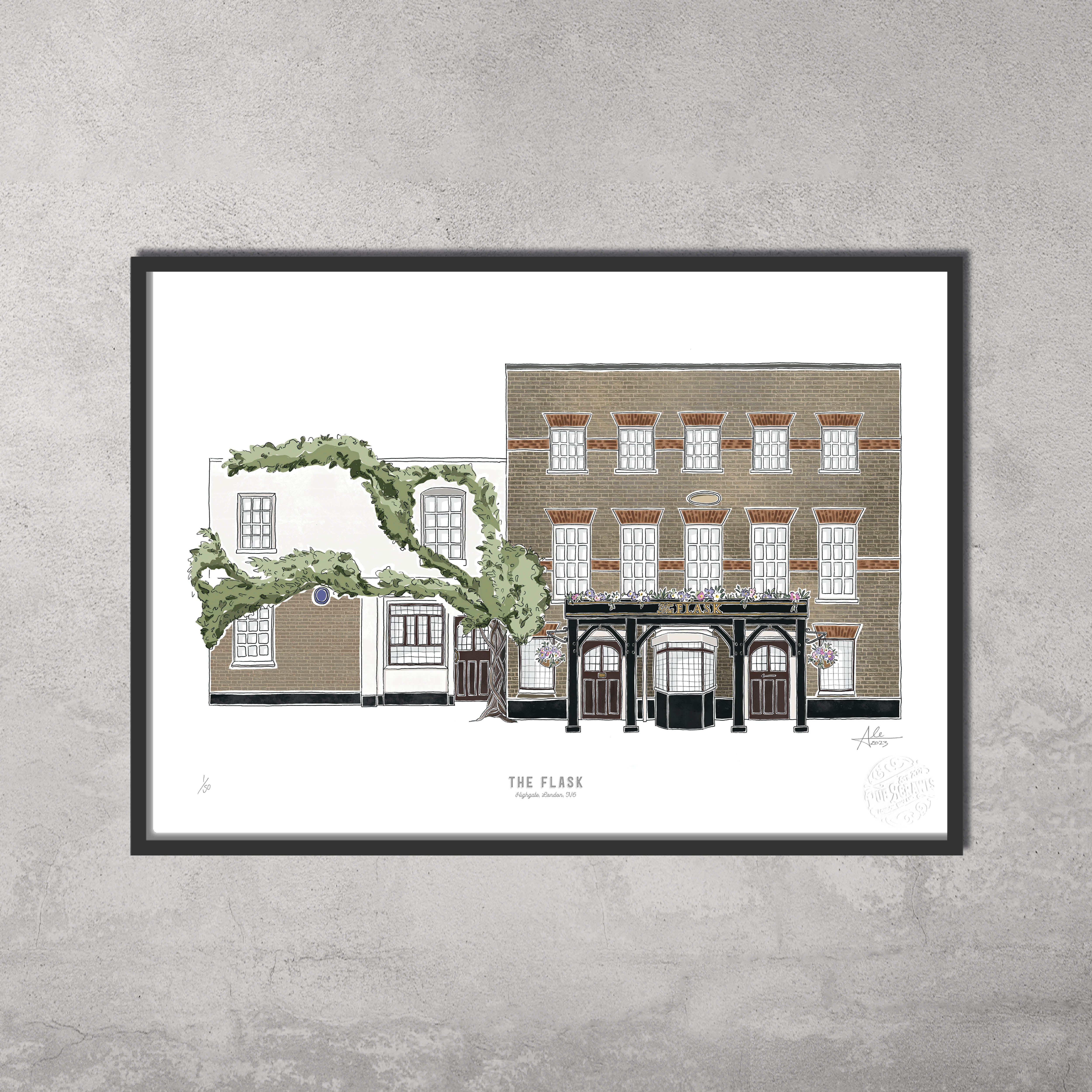 The Flask Highgate – Limited Edition of 50 by 45 Original is an A3 giclée colour print illustrating two connected pub buildings. A must-have for Hampstead & Highgate Pub Crawl fans, it looks striking framed on any wall.
