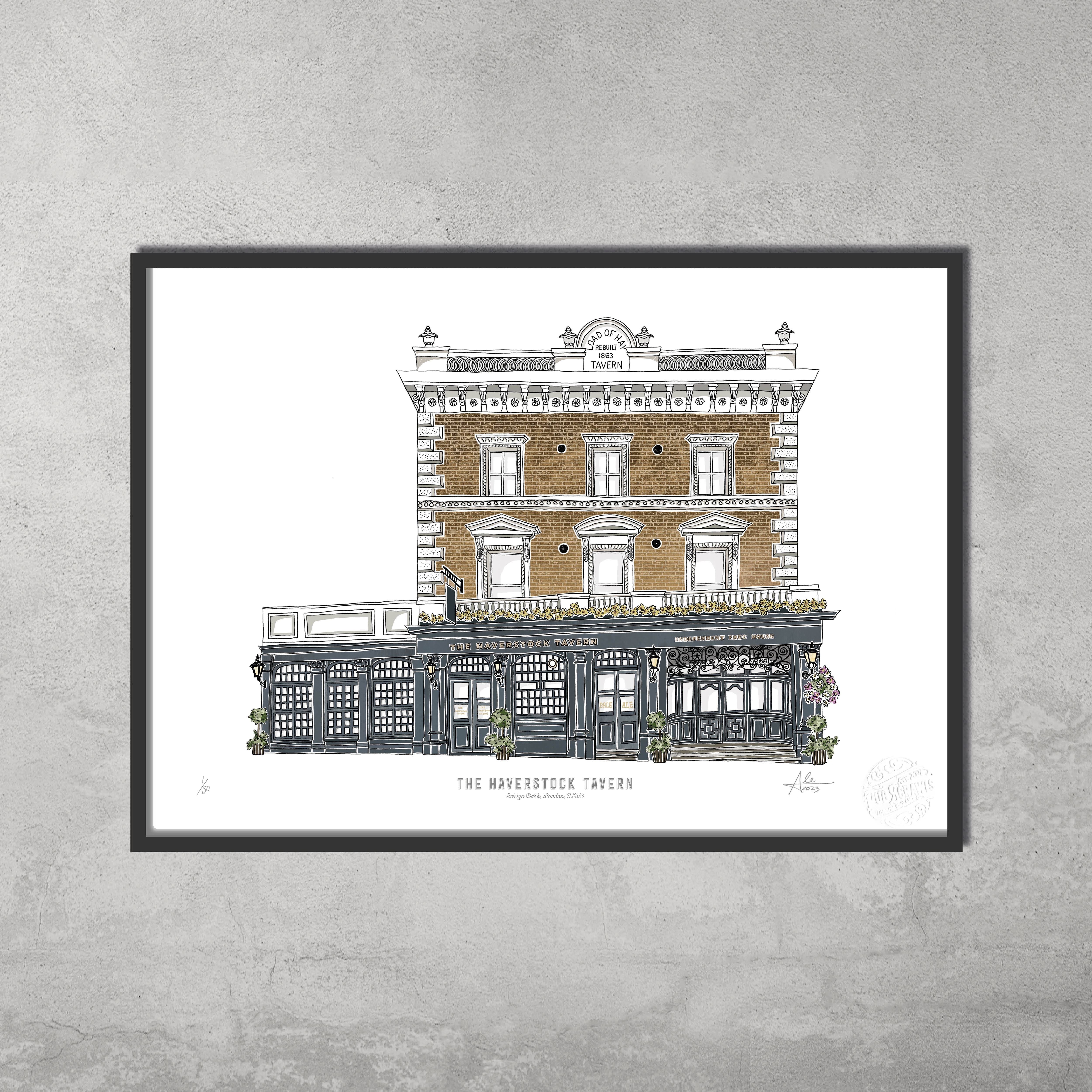 The Haverstock Tavern – Limited Edition of 50 A3 Colour Prints by 45 Original features a detailed drawing of the historic pub, perfect for Hampstead & Highgate Pub Crawl fans and collectors, displayed framed on a textured gray wall.