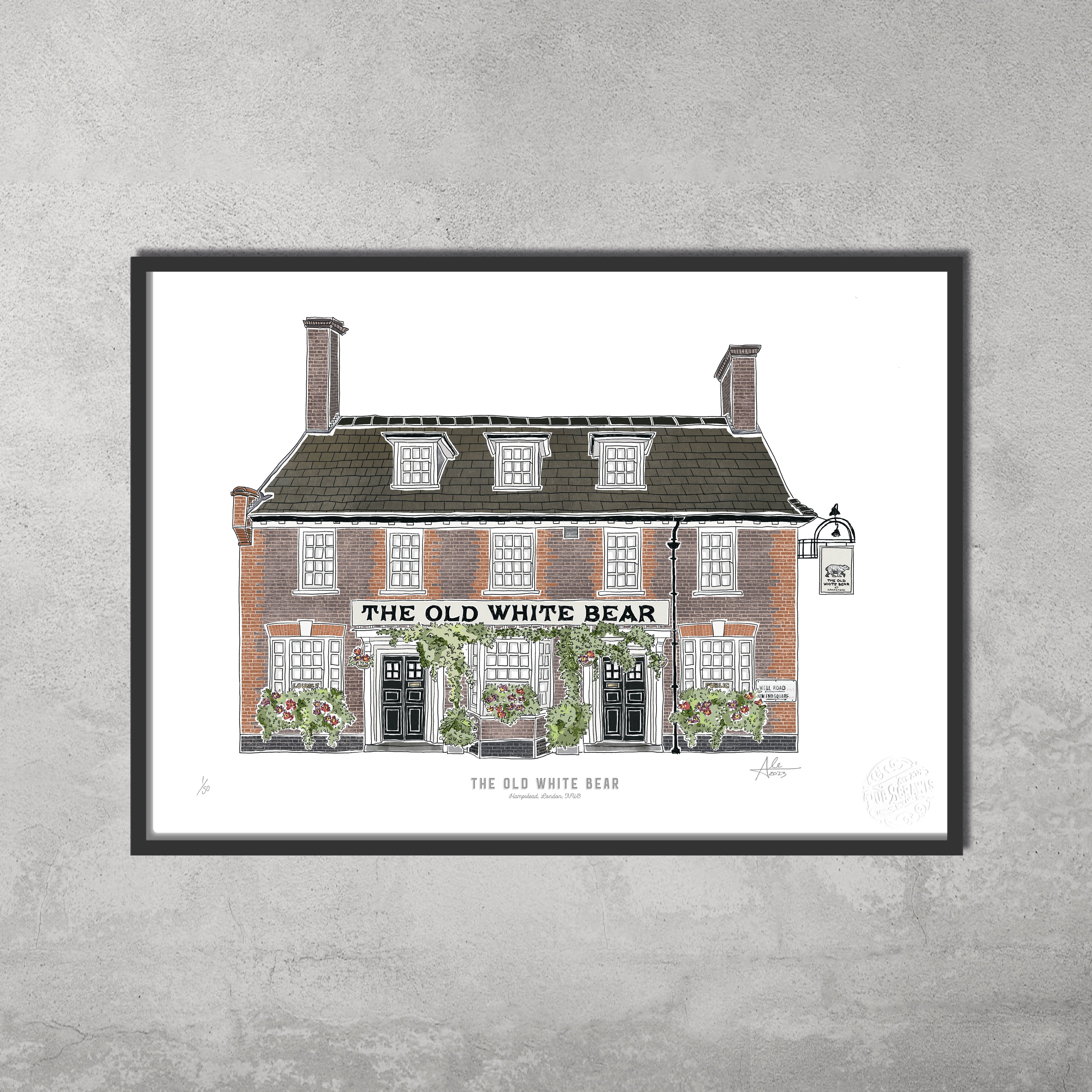 The Old White Bear – Limited Edition of 50 A3 colour prints by 45 Original features a framed illustration of the red brick pub with green plants, as seen in the Hampstead & Highgate Pub Crawl, mounted on light gray textured wall.