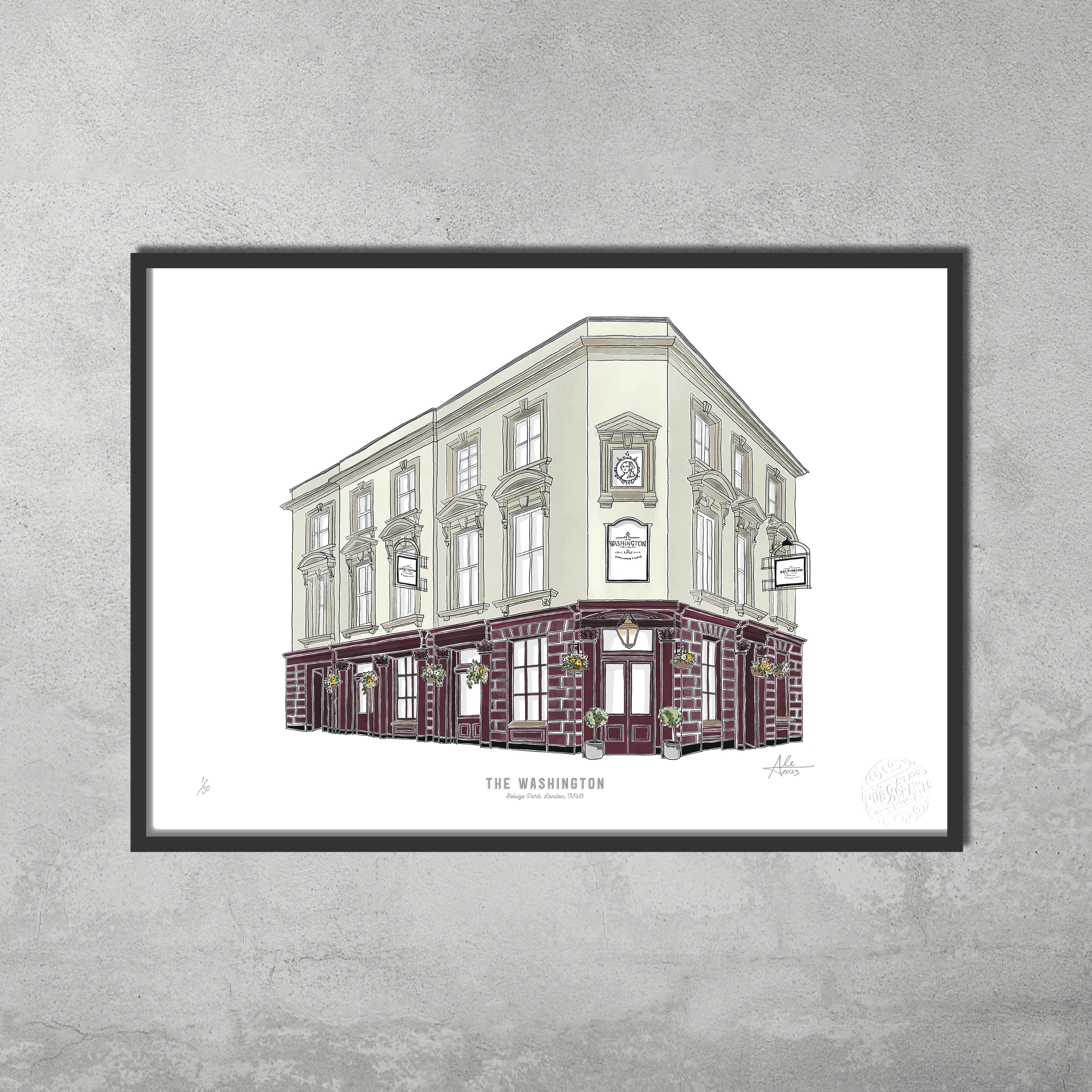 The Washington – Limited Edition of 50 A3 colour prints by 45 Original features a three-story corner building with ornate windows and maroon details, showcased as part of the Hampstead & Highgate Pub Crawl.