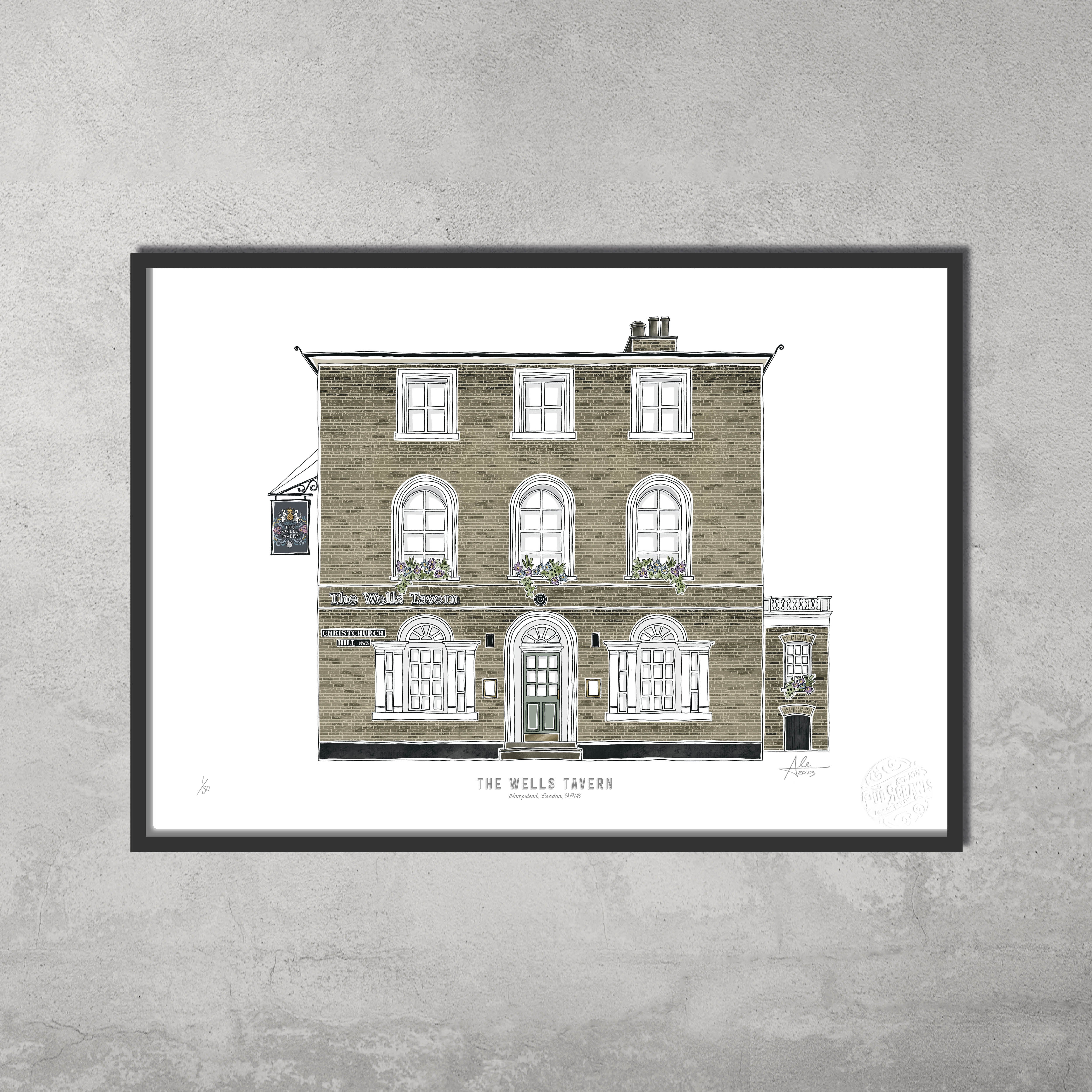 Add charm to your space with 45 Original’s The Wells Tavern – Limited Edition of 50 A3 Colour Prints, featuring a three-story brick pub with arched doorways and flower boxes—ideal for collectors of Hampstead & Highgate art.