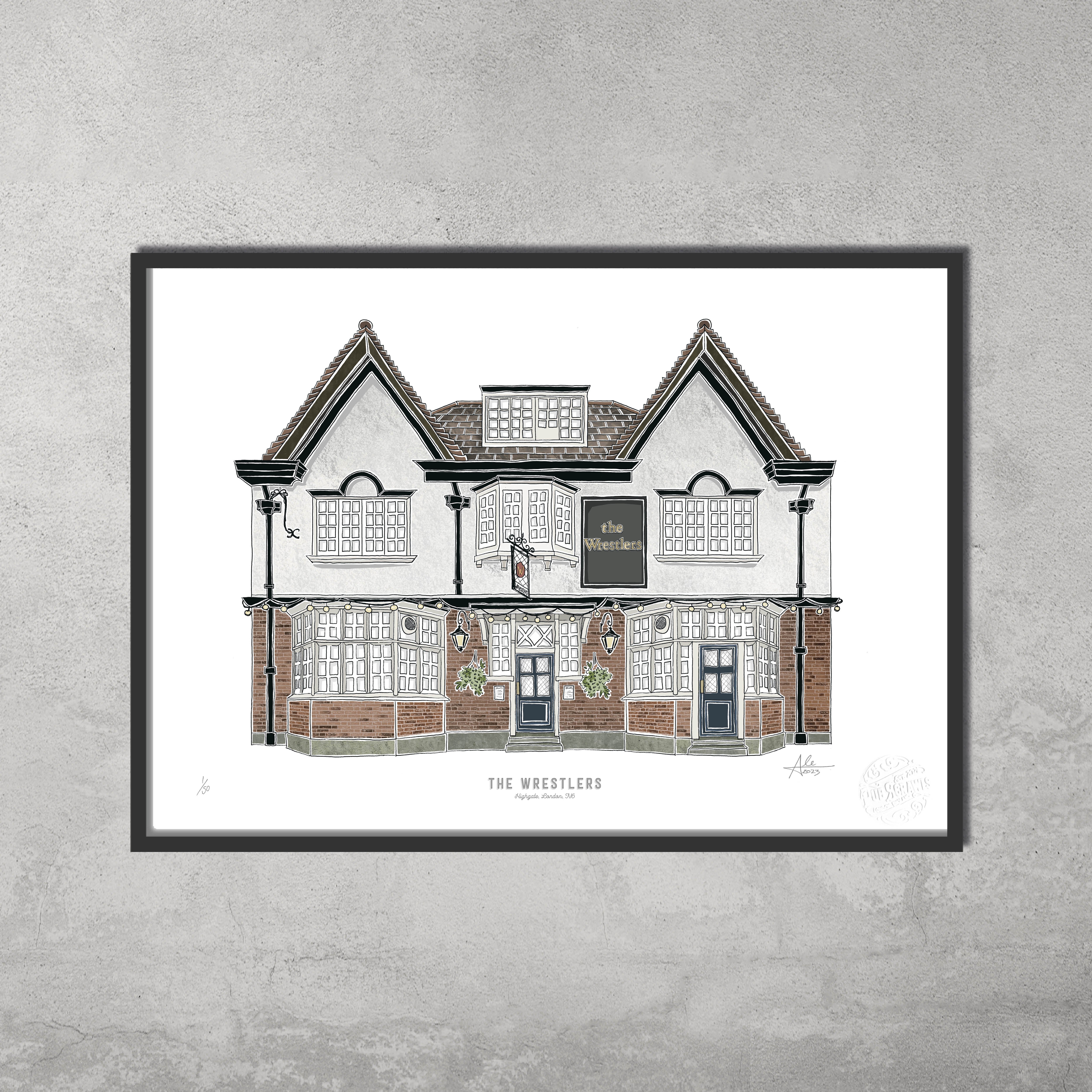 The Wrestlers – Limited Edition of 50 – A3 Colour Prints by 45 Original features a classic English pub with timber framing and floral baskets—a must-have for Hampstead & Highgate Pub Crawl and fine art print lovers.
