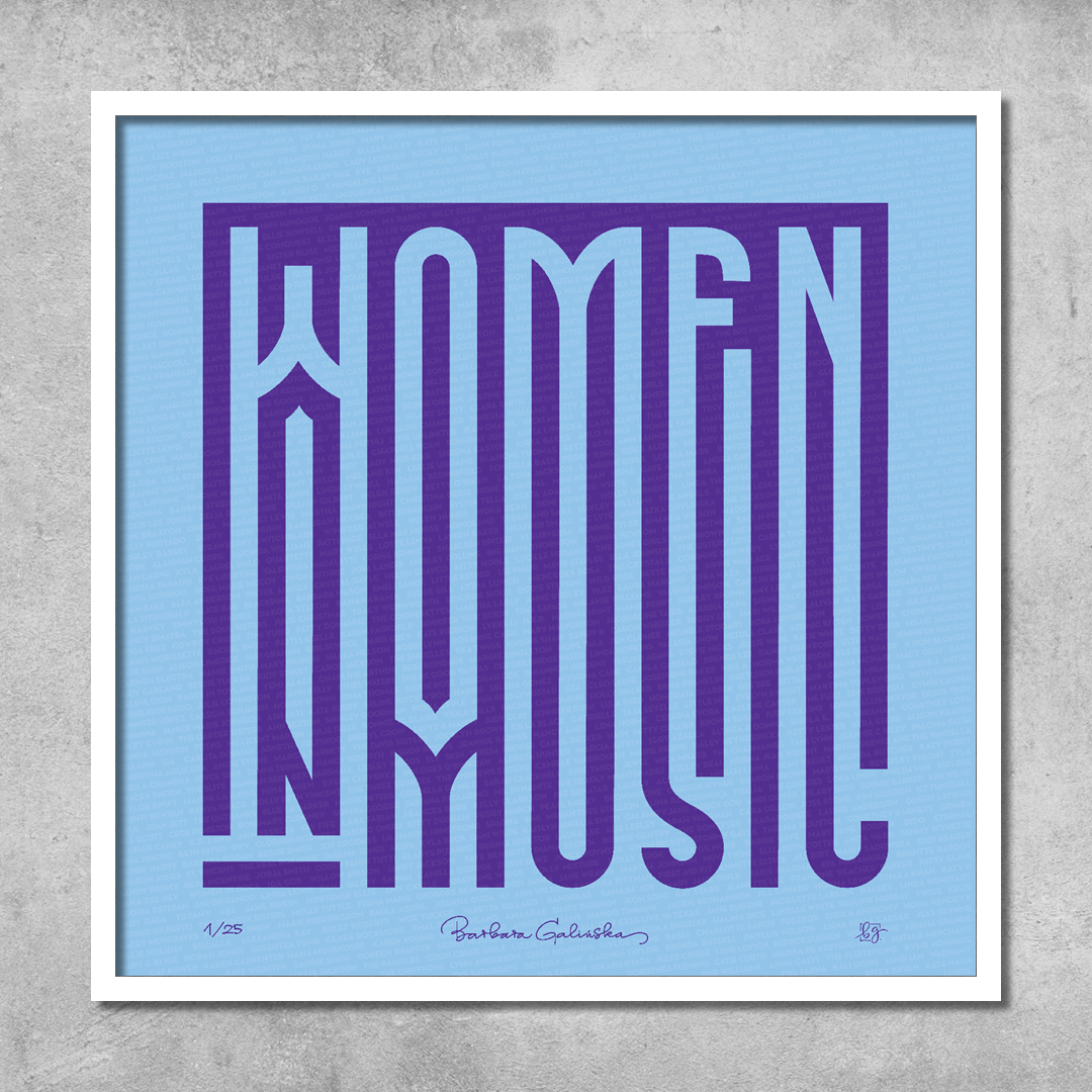 Women In Music Light Blue and Indigo Print by 45 Original is a limited edition of 25, featuring bold purple lettering on blue, signed and numbered by Barbara Galińska. Framed artwork is set against a gray background.