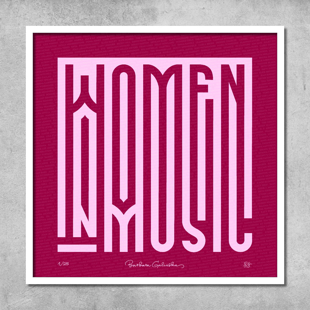 The 45 Original ‘Women In Music’ Maroon and Light Pink Print is a limited edition giclée (25 made), with tall pink letters on dark red, finished with a white border.