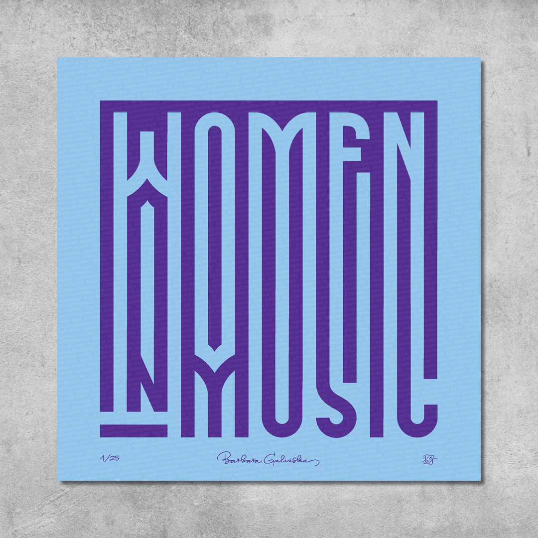 The Women In Music Light Blue and Indigo Print by 45 Original is a limited edition of 25, featuring bold geometric lettering on textured gray, with signatures and edition number for authenticity.