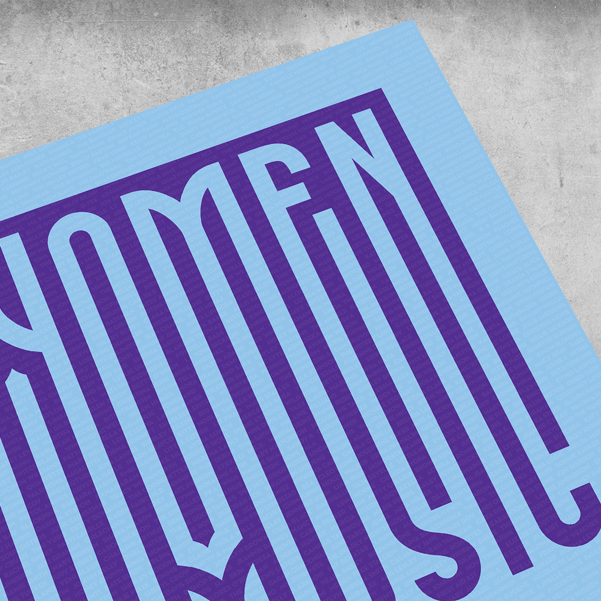 The Women In Music Light Blue and Indigo Print by 45 Original is a limited edition of 25, featuring tall indigo WOMEN lettering on light blue with a concrete background—a striking tribute to women in music.