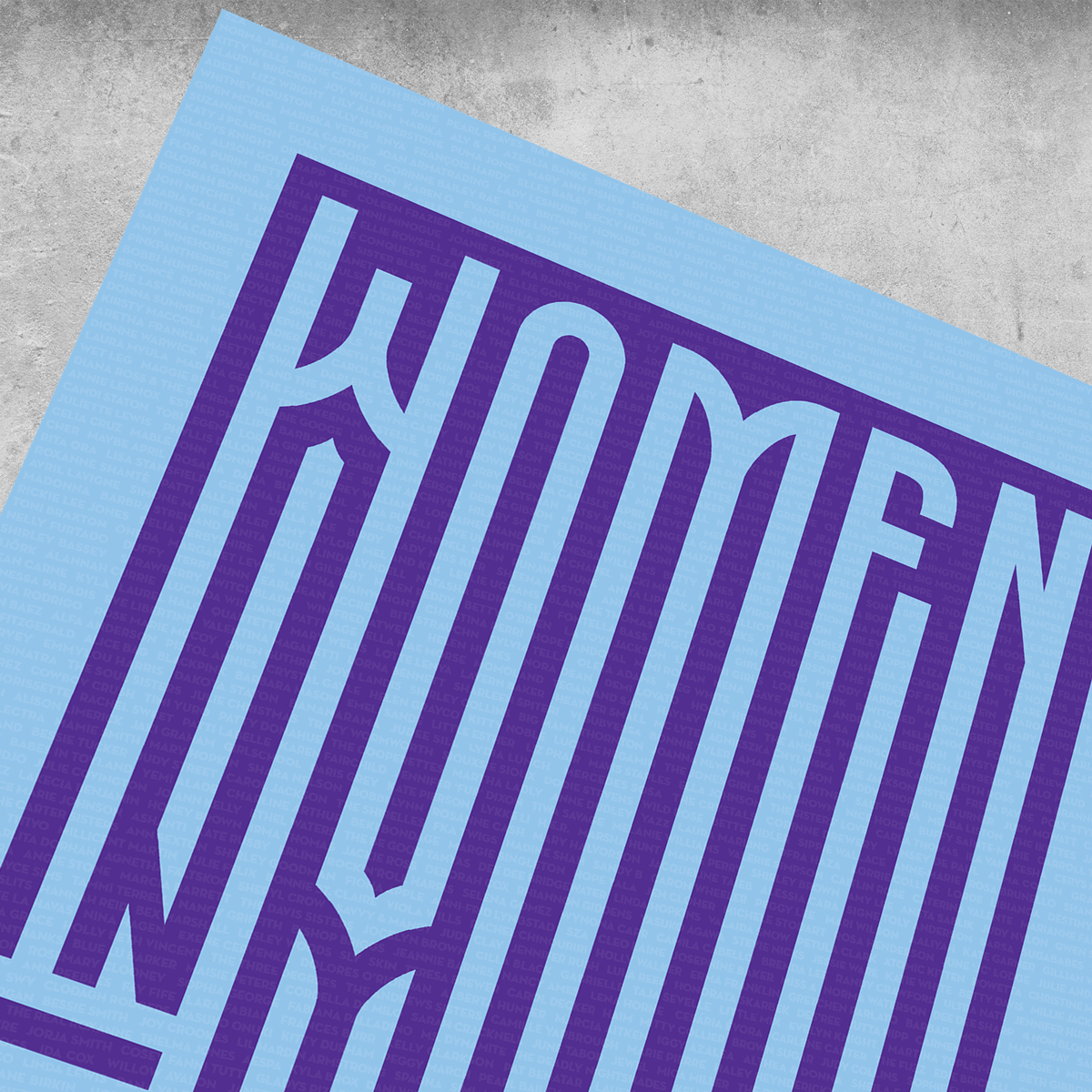 A limited edition Women In Music Light Blue and Indigo print by 45 Original, featuring bold WOMEN lettering—part of a series of 25.
