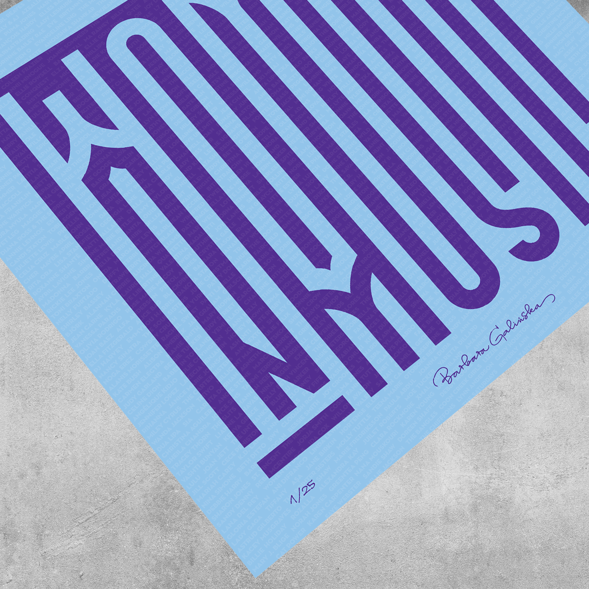 The Women In Music Light Blue and Indigo Print by 45 Original, a limited edition of 25, features tall, stretched KNOW letters and is signed by Barbara Golemac in the bottom right corner on a gray concrete surface.