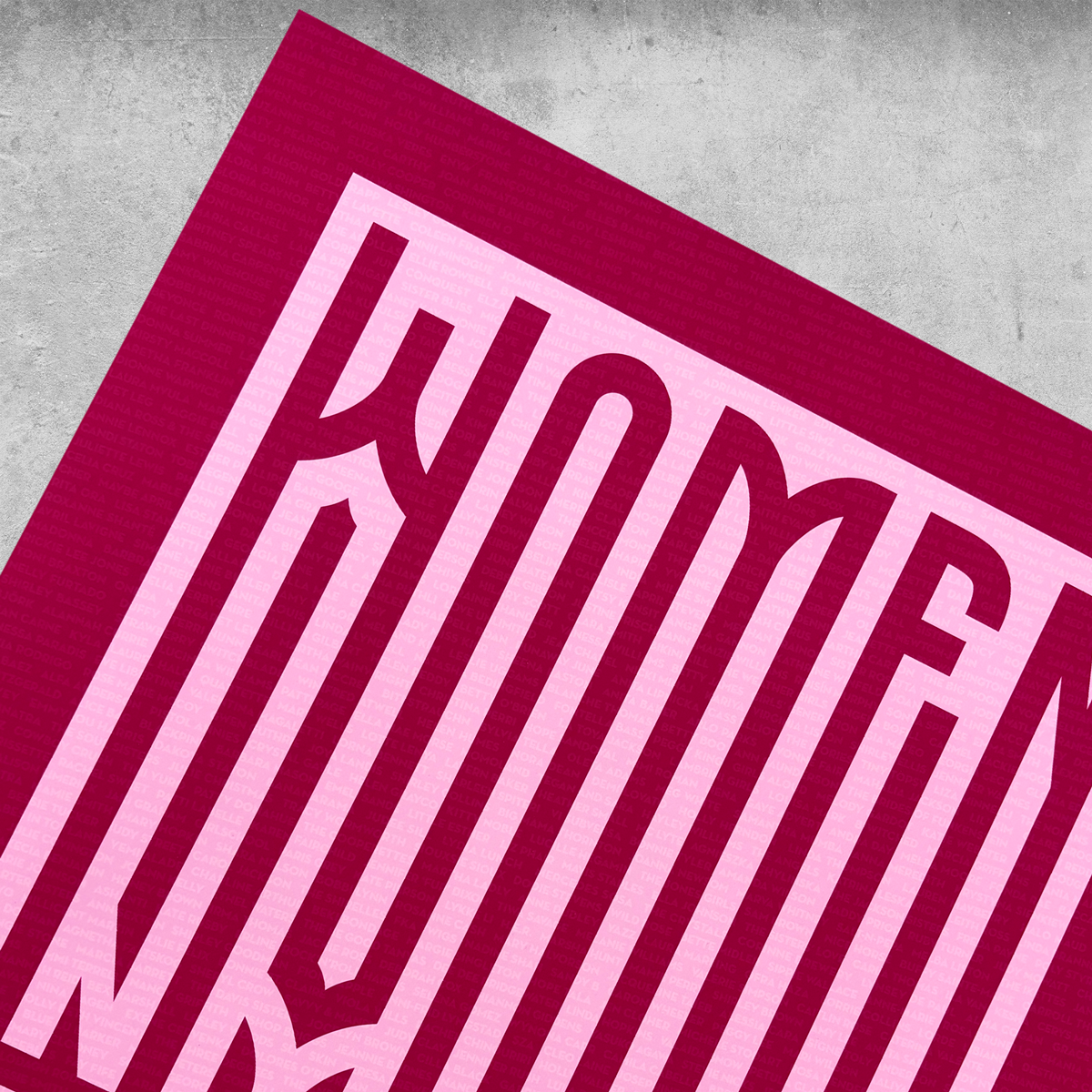 The Women In Music Maroon and Light Pink Print by 45 Original is a limited edition of 25, showcasing bold maze-inspired WOMEN typography on textured paper with a light gray, concrete-like background.