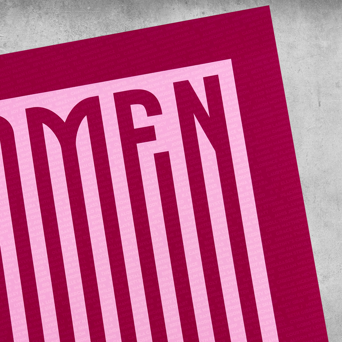 A graphic displays WOMEN in tall, bold light pink letters on a maroon background with a textured gray surface. This limited edition 45 Original Women In Music print comes in an edition of only 25.