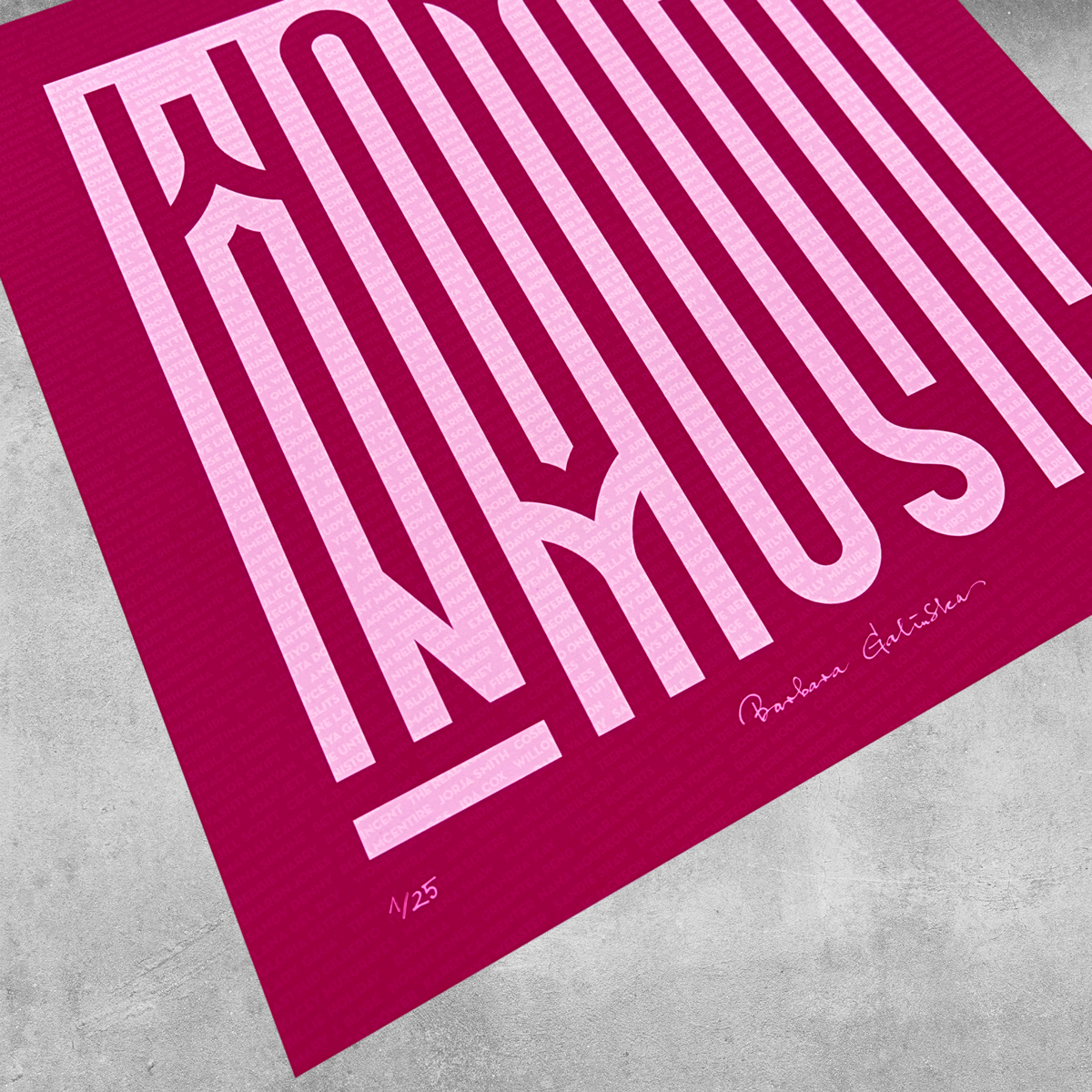 The Women In Music Maroon and Light Pink Print by 45 Original is a limited edition of 25, featuring bold vertical text on magenta, signed and numbered in white at the bottom right.