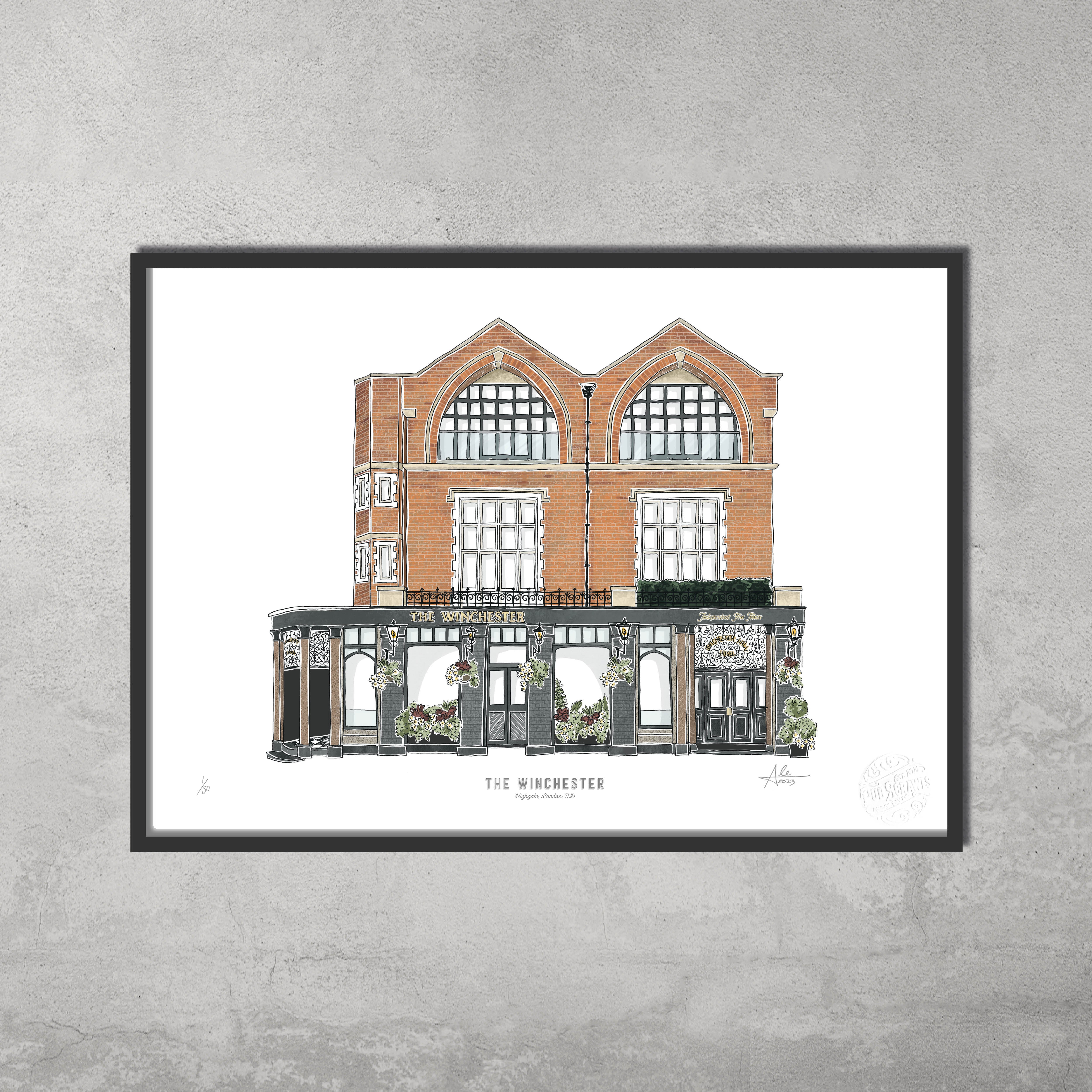 The Winchester – Limited Edition of 50 A3 Colour Prints by 45 Original features a framed illustration of the iconic red-brick building with arched windows, celebrating the Hampstead & Highgate Pub Crawl. The name appears above the entrance.