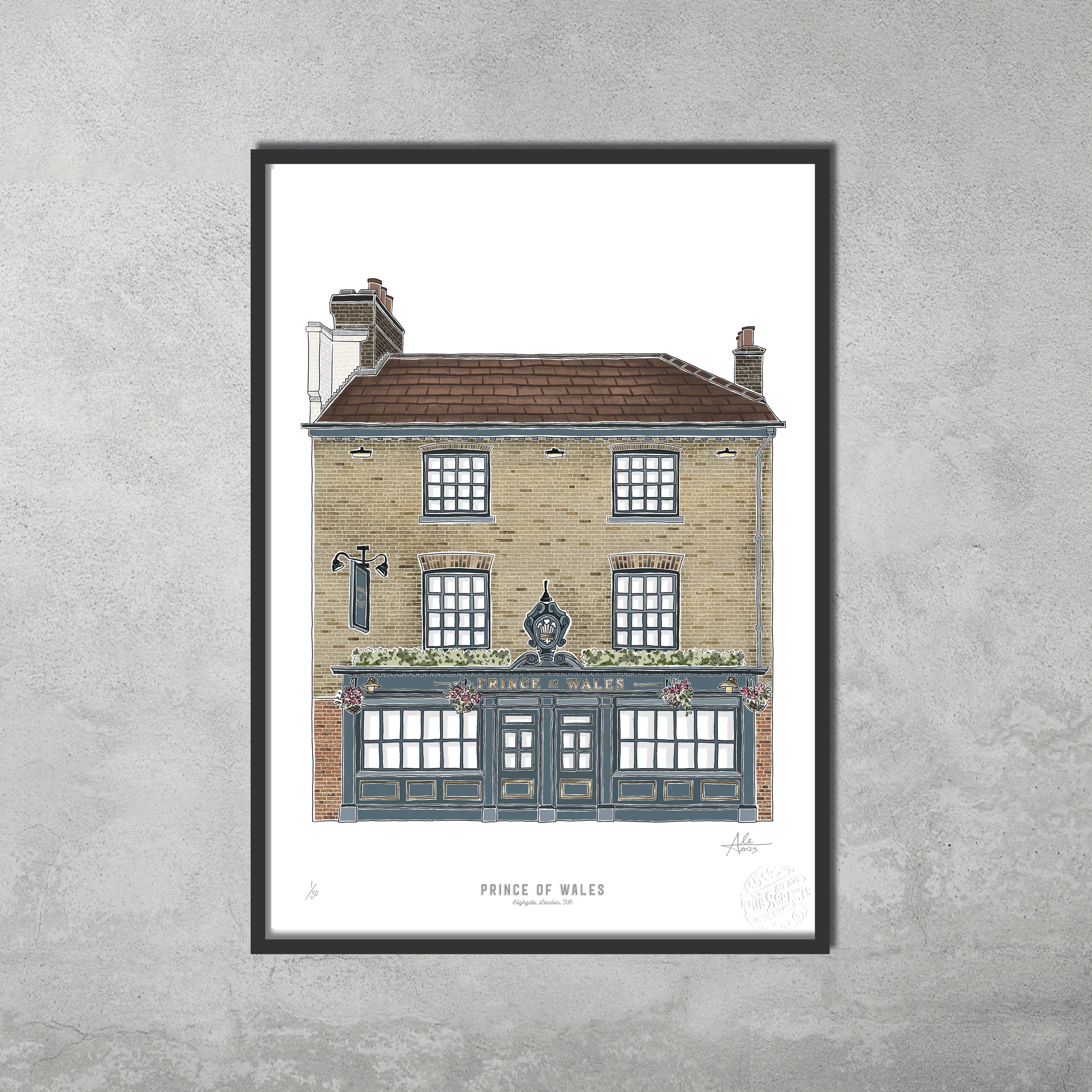 A framed limited edition A3 giclée print from 45 Original depicts the Prince of Wales pub with blue doors, windows, flower boxes, and a sign. Part of the Hampstead & Highgate Pub Crawl series. Limited to 50 prints.