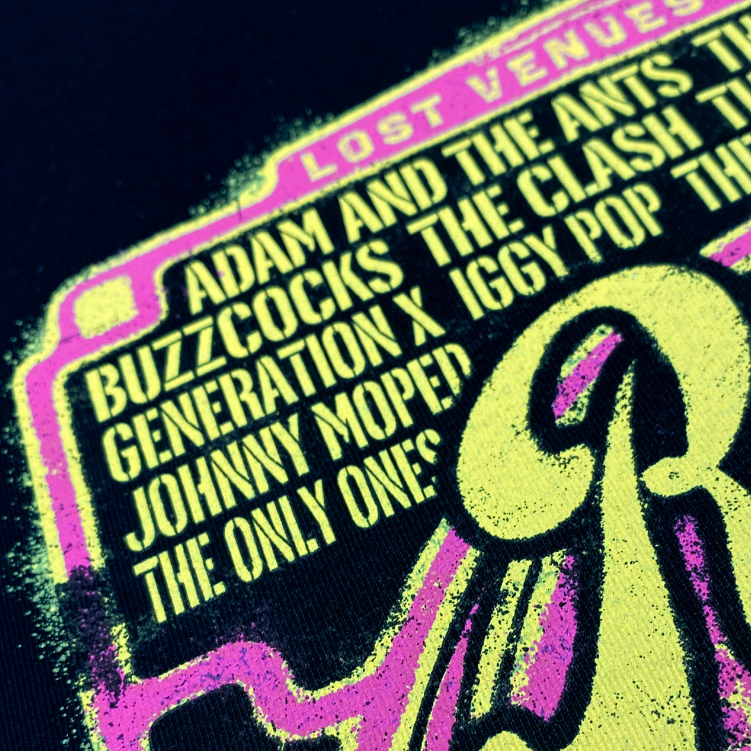 Close up of 'Rainbow Punk', a limited edition punk t-shirt