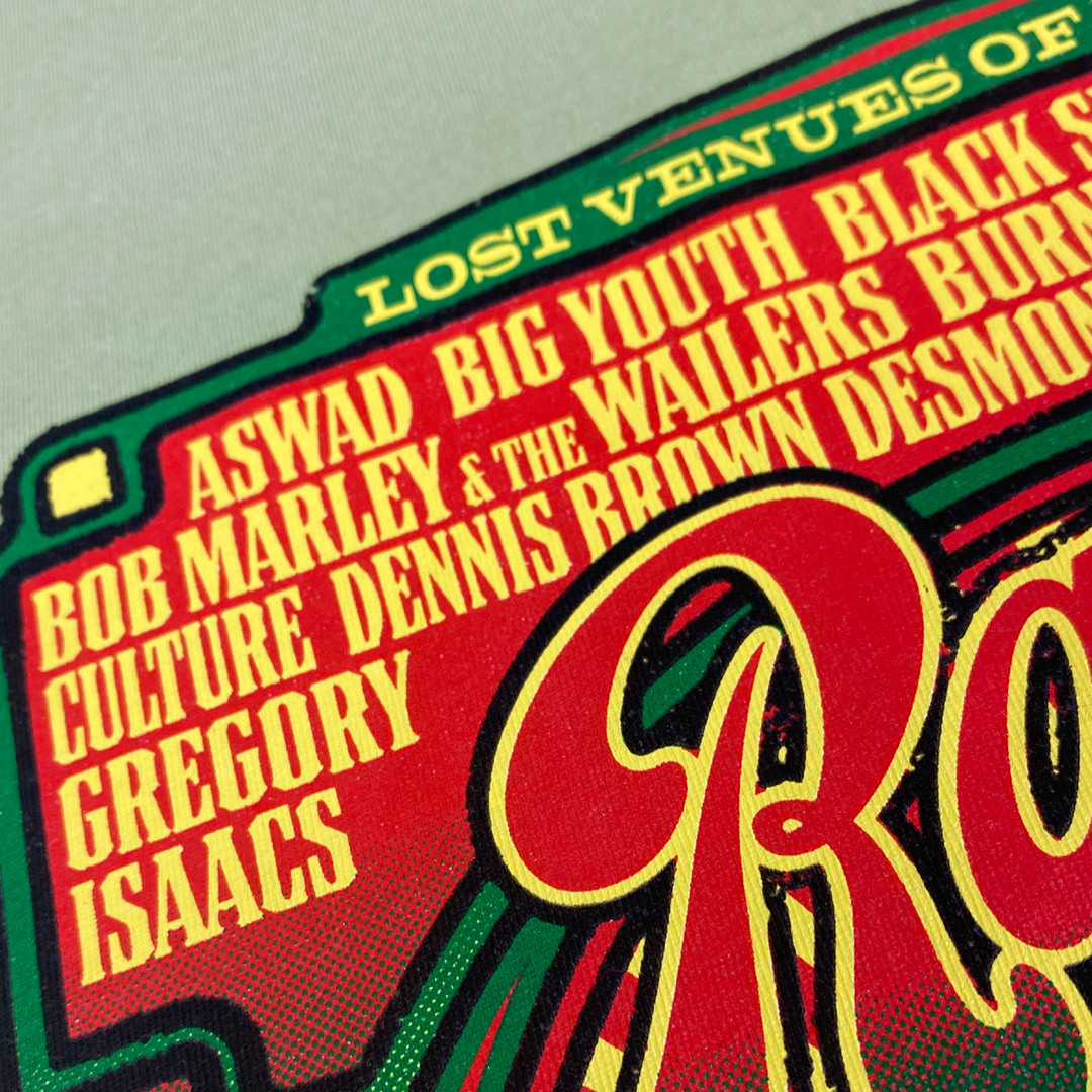 Close up of 'Rainbow Reggae', a limited edition reggae t-shirt